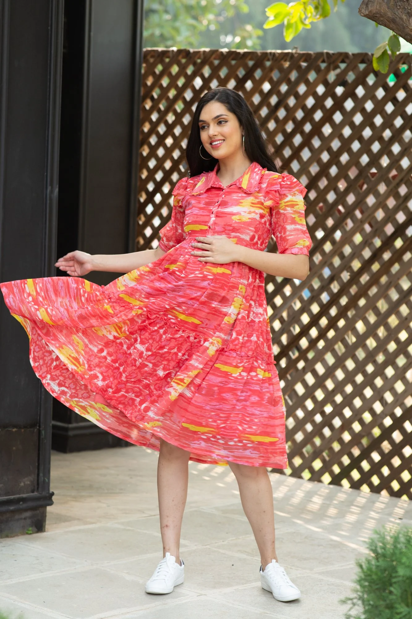 Beautiful Raspberry Yellow Tie & Dye Maternity & Nursing Frill Dress - Chenance
