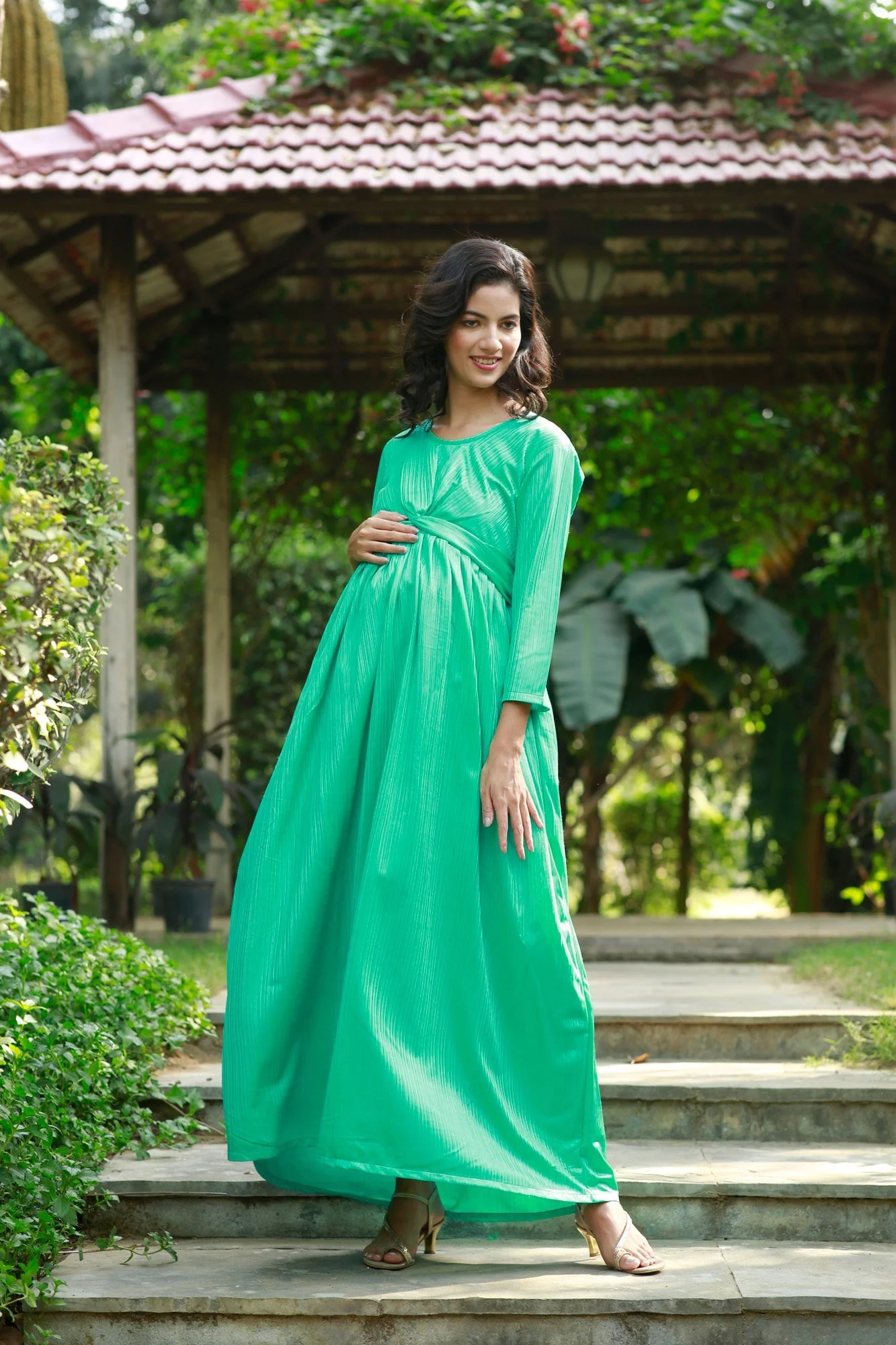 Classy Jade Green Pleated Maternity Knot Dress - Chenance