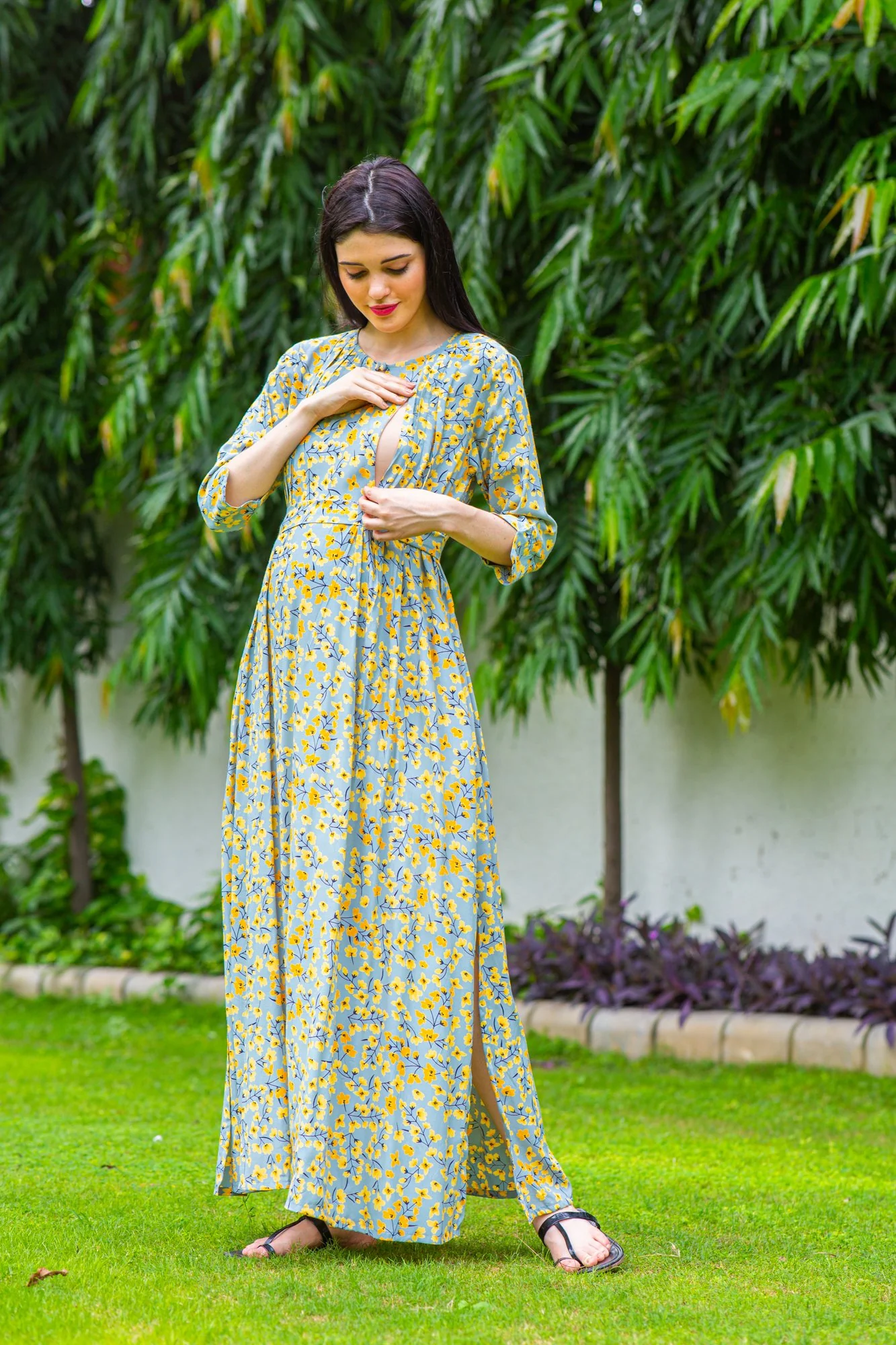 Bottle Green Concealed Zips Maternity & Nursing Dress - Chenance