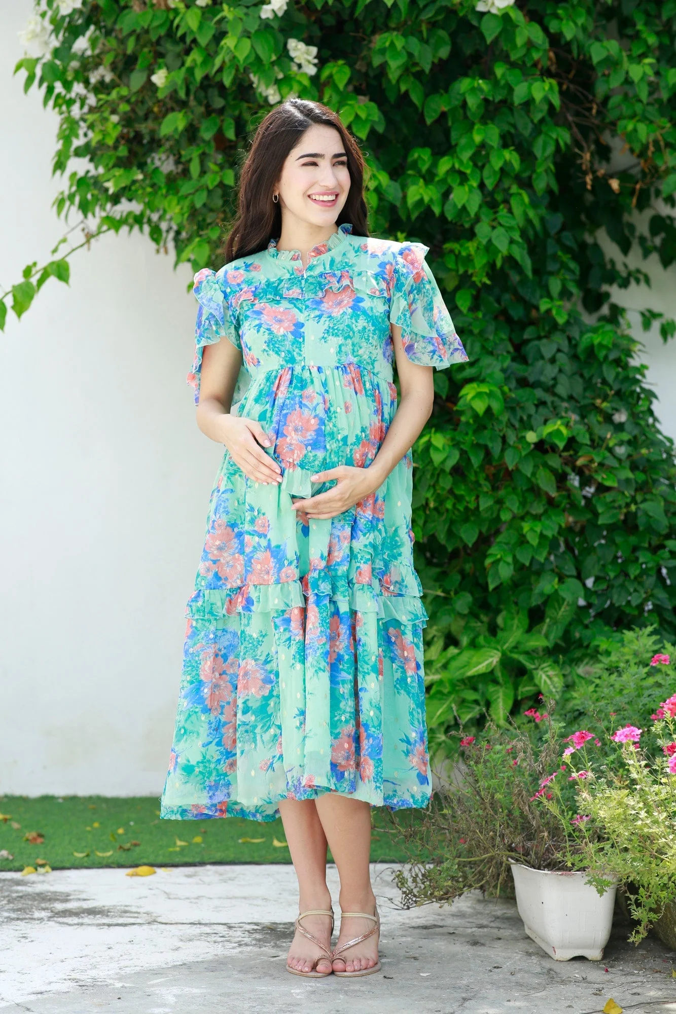 Classic Mint Floral Maternity & Nursing Frill Dress - Chenance