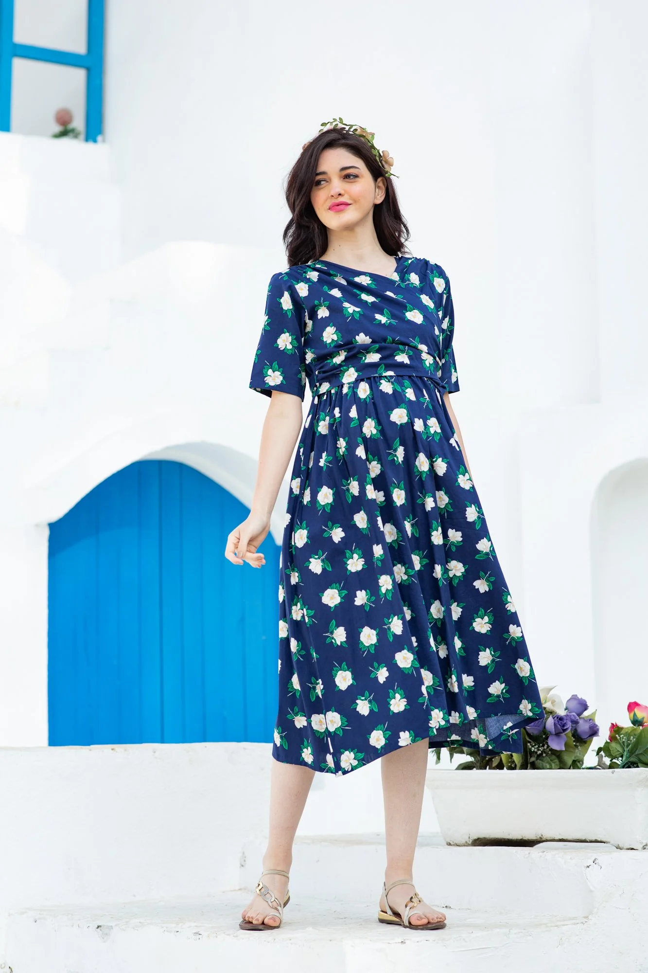 Azure Floral Maternity & Nursing Wrap Midi Dress - Chenance