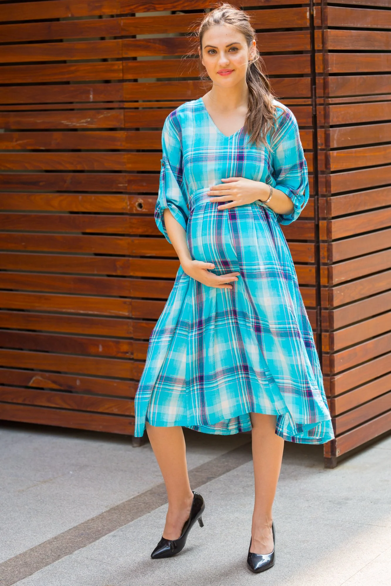 Wave Plaid Maternity & Nursing Dress - Chenance