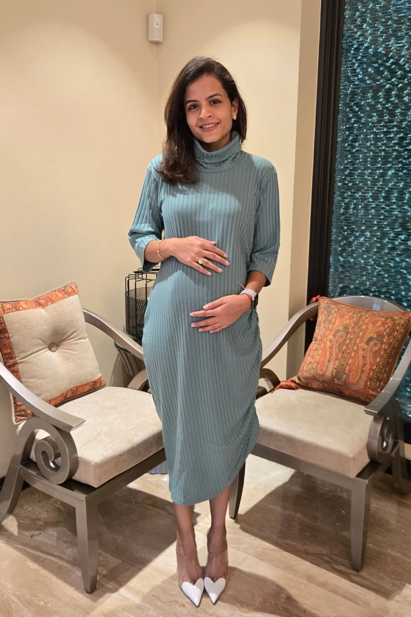 Refined Dusty Teal Ribbed Maternity Fitted Winter Dress - Chenance