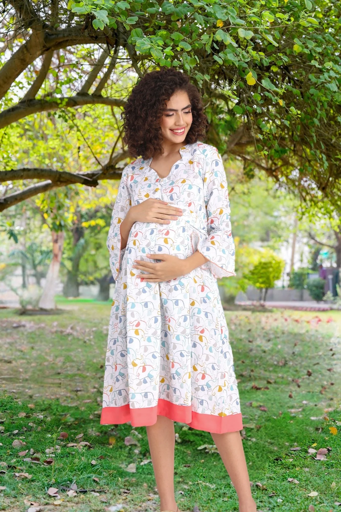 Abstract White Front Button Maternity & Nursing Linen Dress - Chenance