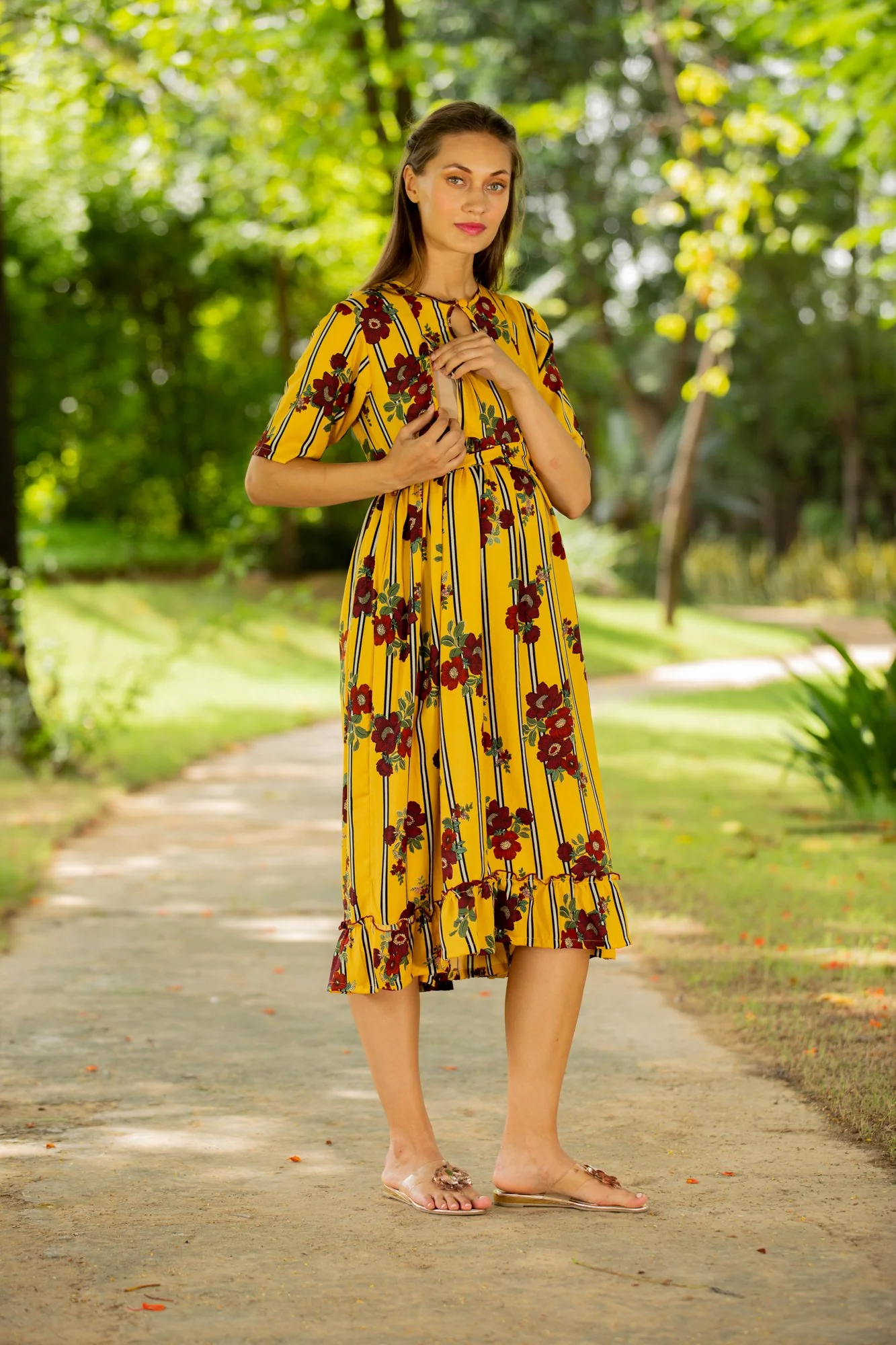 Sunshine Rouge Striped Concealed Zips Nursing Dress - Chenance