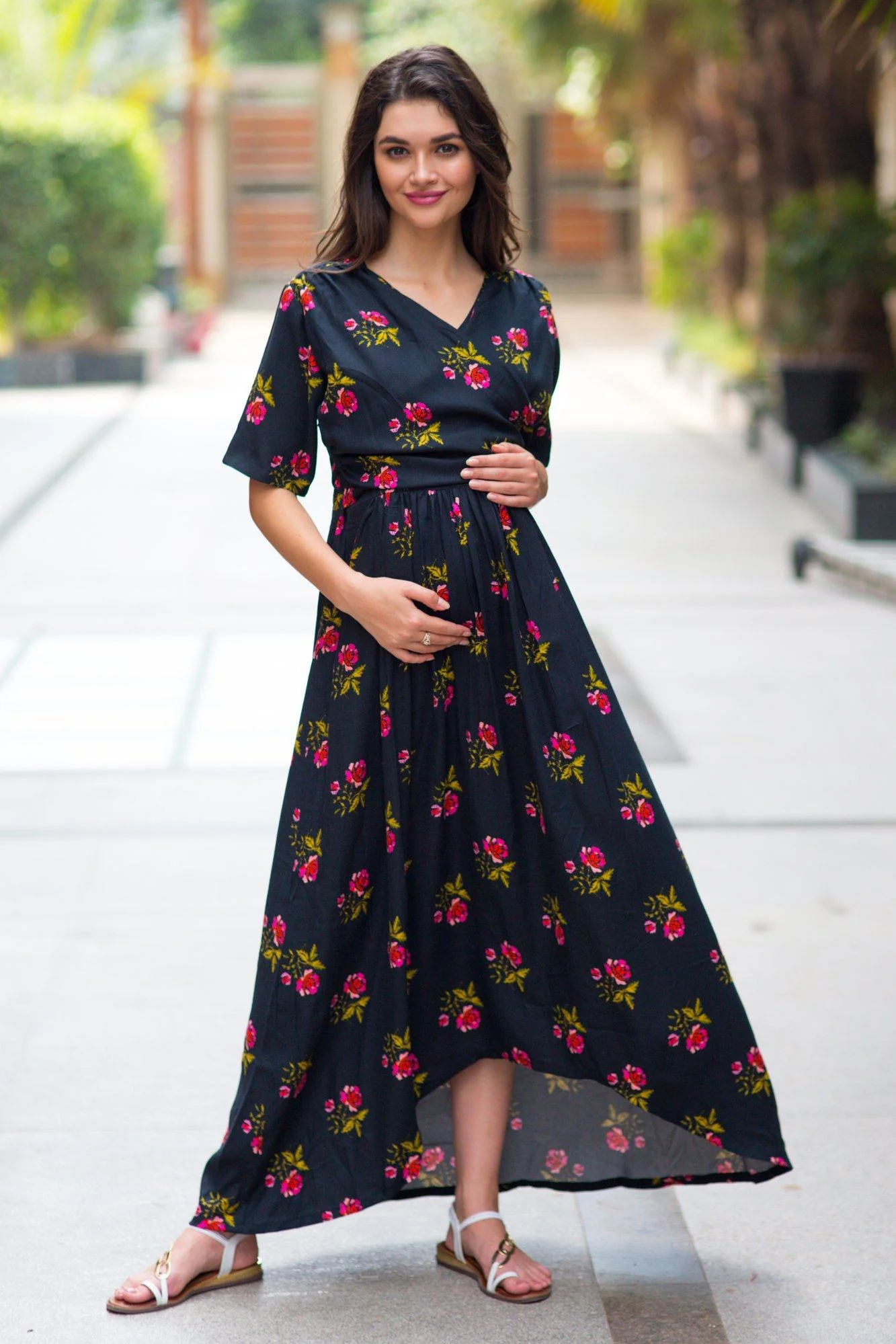 Midnight Rose High-Low Maternity & Nursing Wrap Dress - Chenance