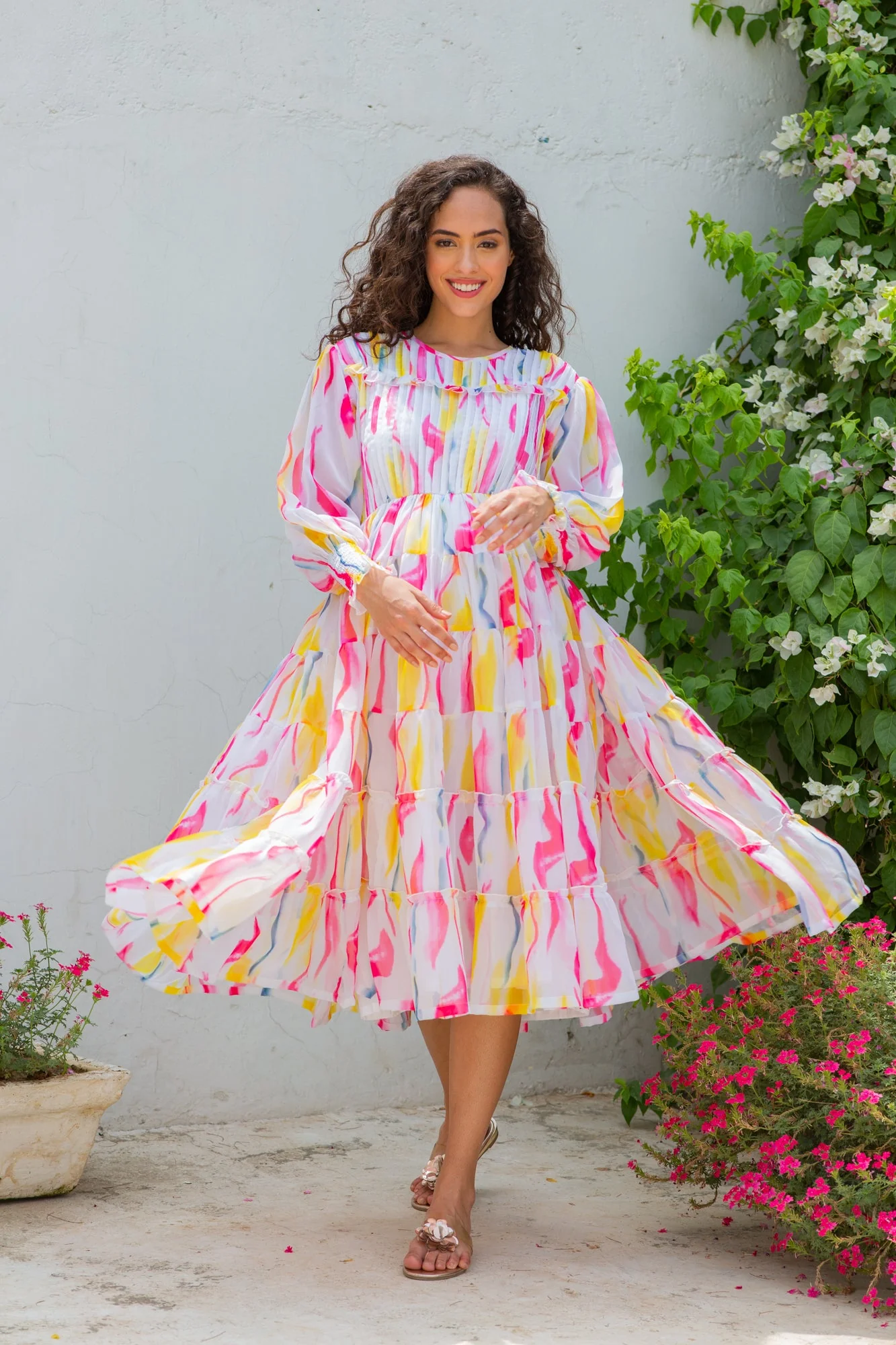 Premium Timeless Colorful Formal Maternity & Nursing Pintucks Frill Dress - Chenance