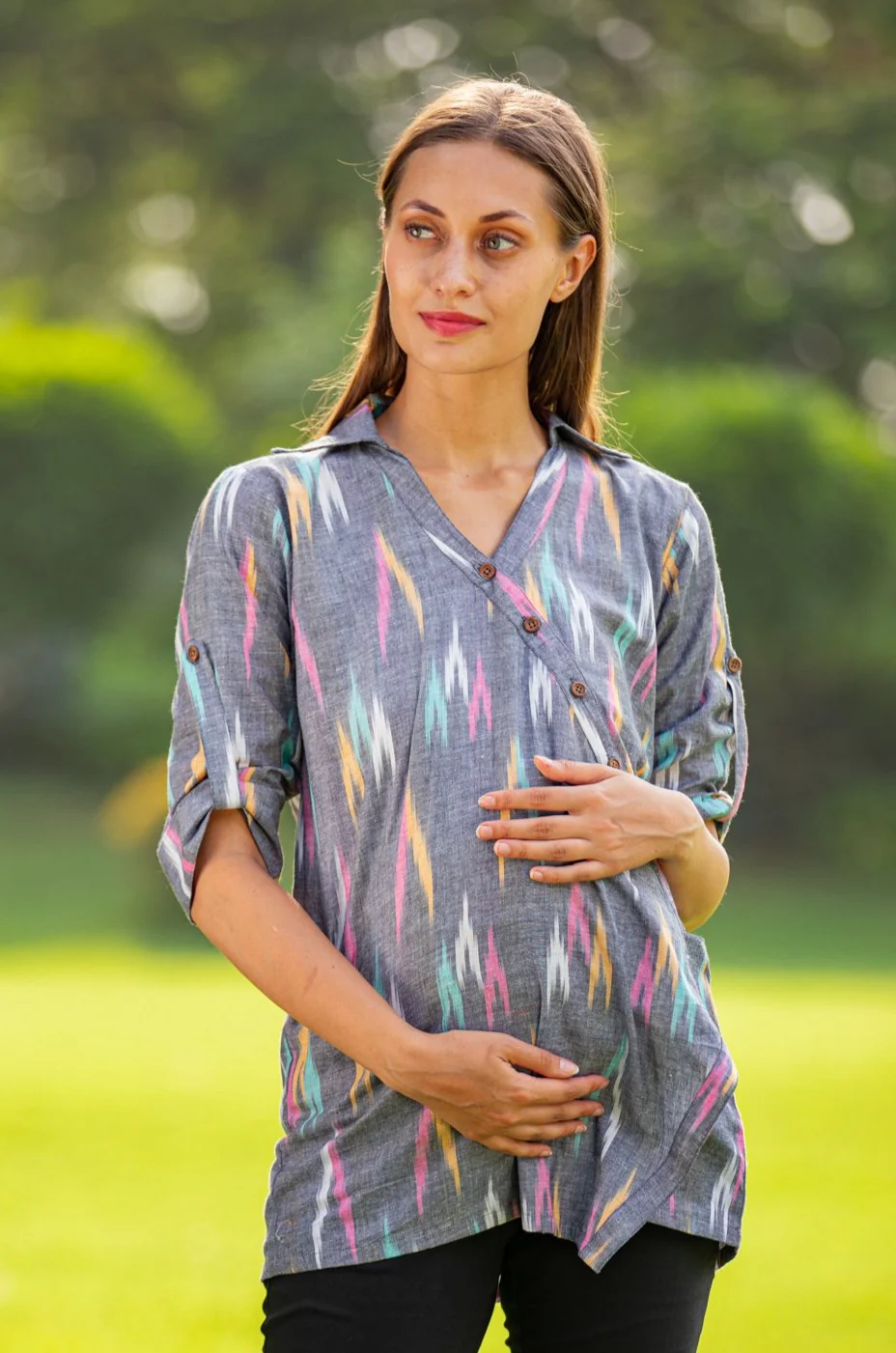 Grey Ikat Gathered Viscose Maternity and Nursing Shirt - Chenance