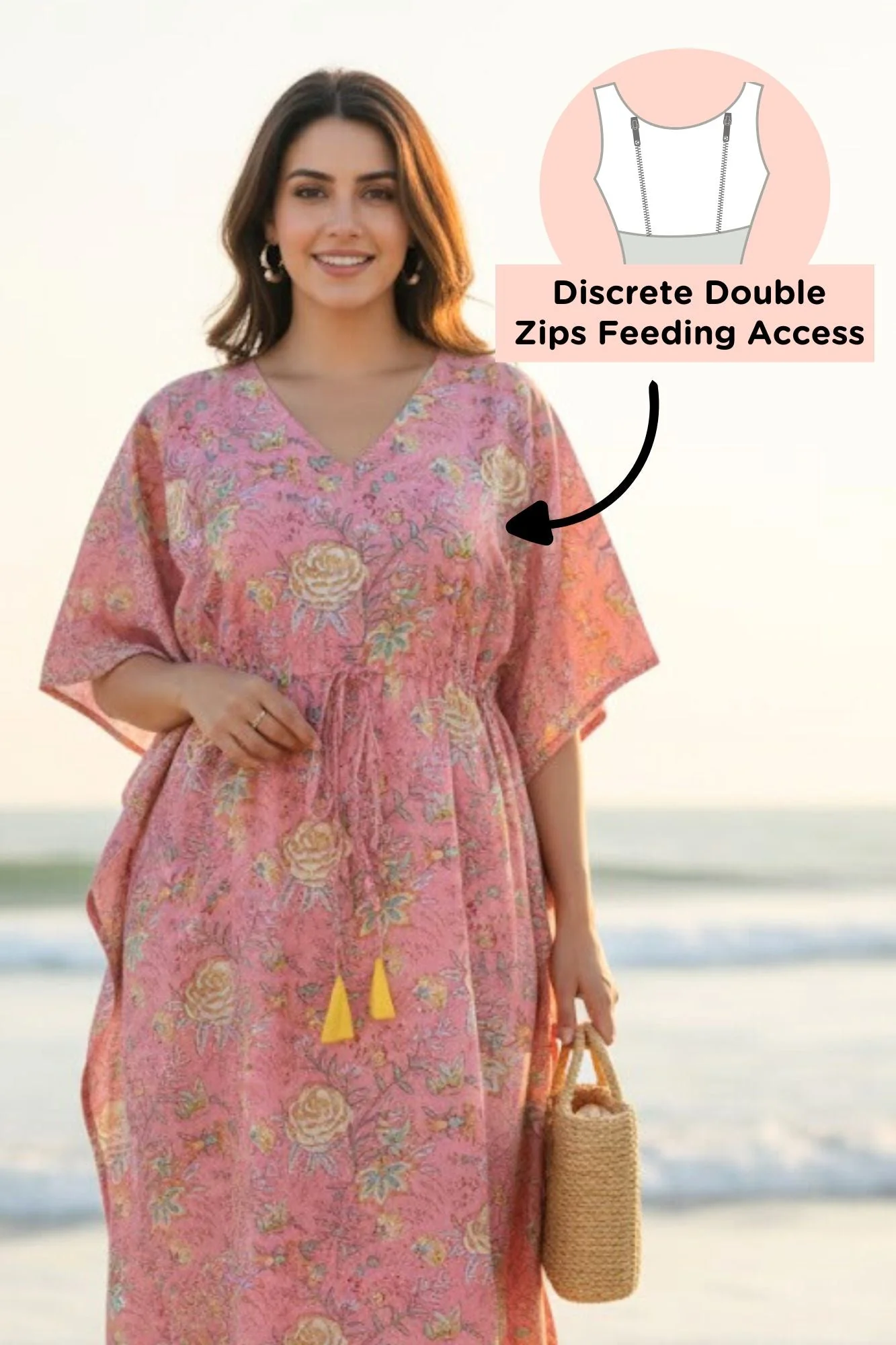 Coral Blossom Maternity & Nursing Kaftan (100% Cotton) - Chenance