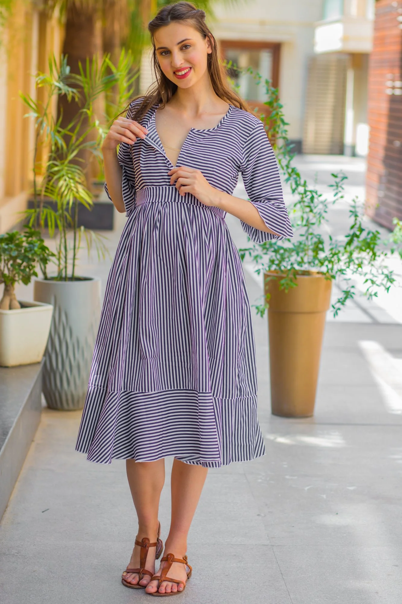 Navy Blue Striped Maternity & Nursing Dress - Chenance