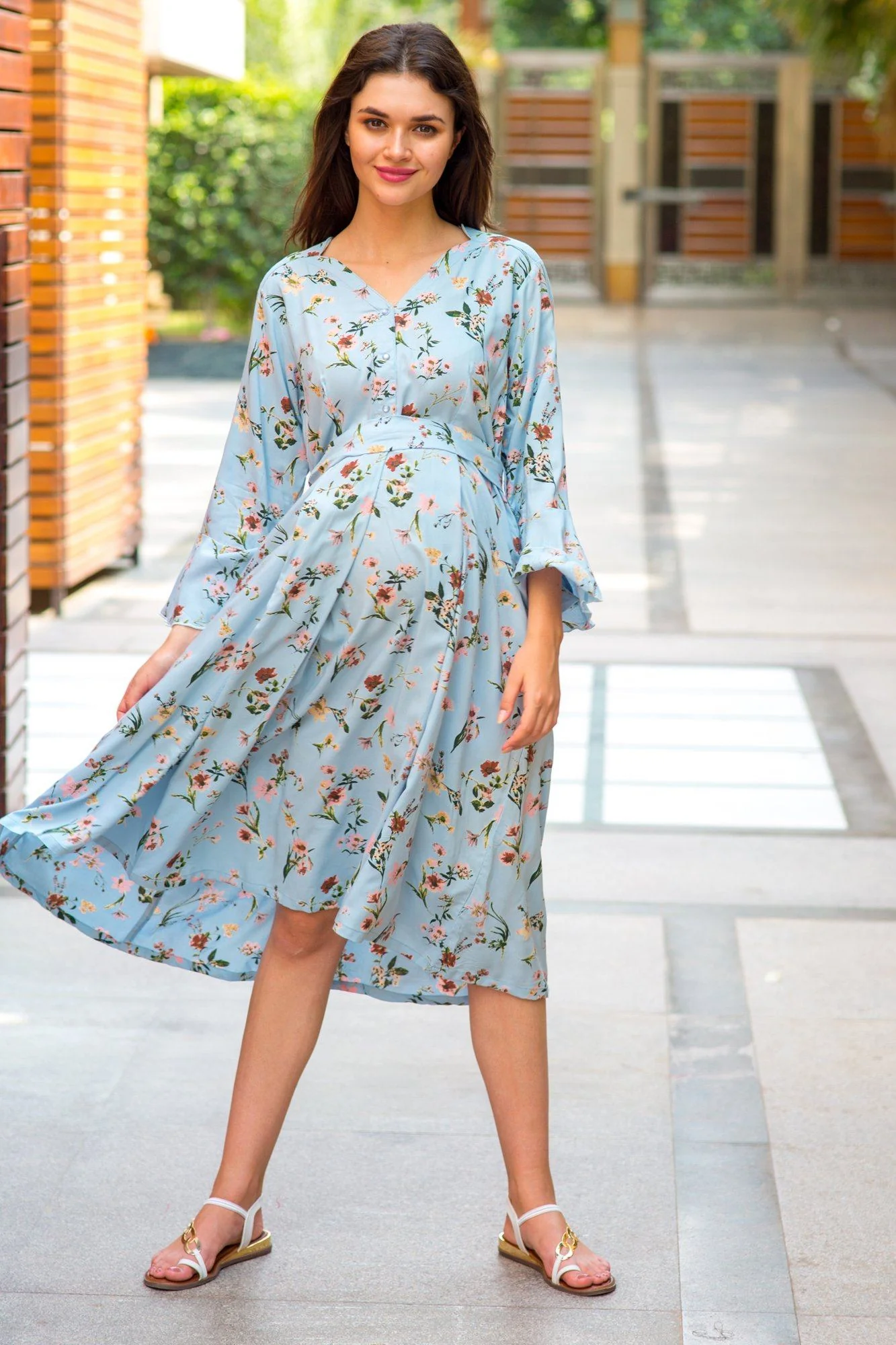 Pastel Blue Front Button Maternity & Nursing Dress - Chenance
