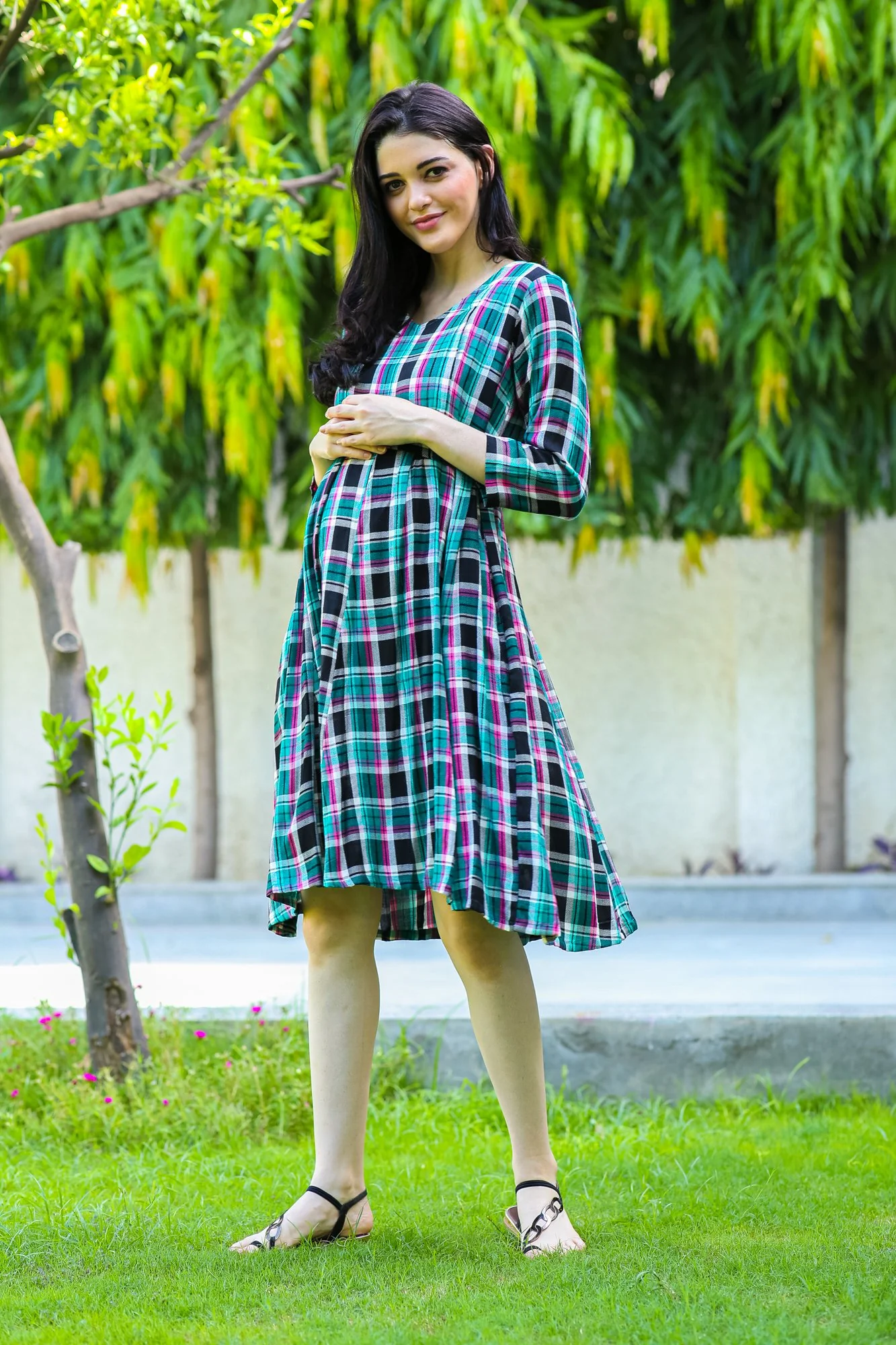 Blue Pink Concealed Zips Maternity and Nursing Dress - Chenance