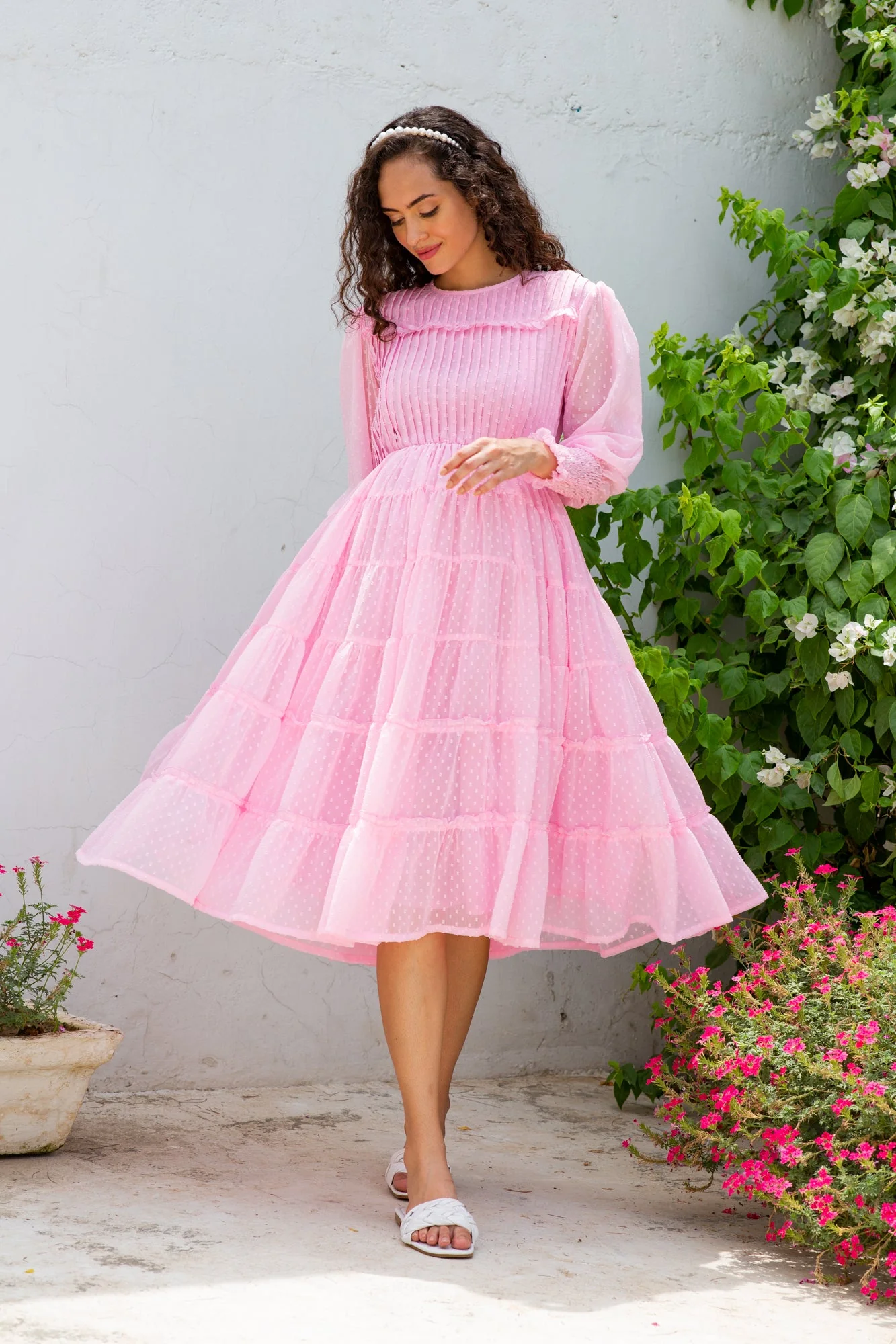 Premium Vintage Blush Formal Maternity & Nursing Pintucks Frill Dress - Chenance