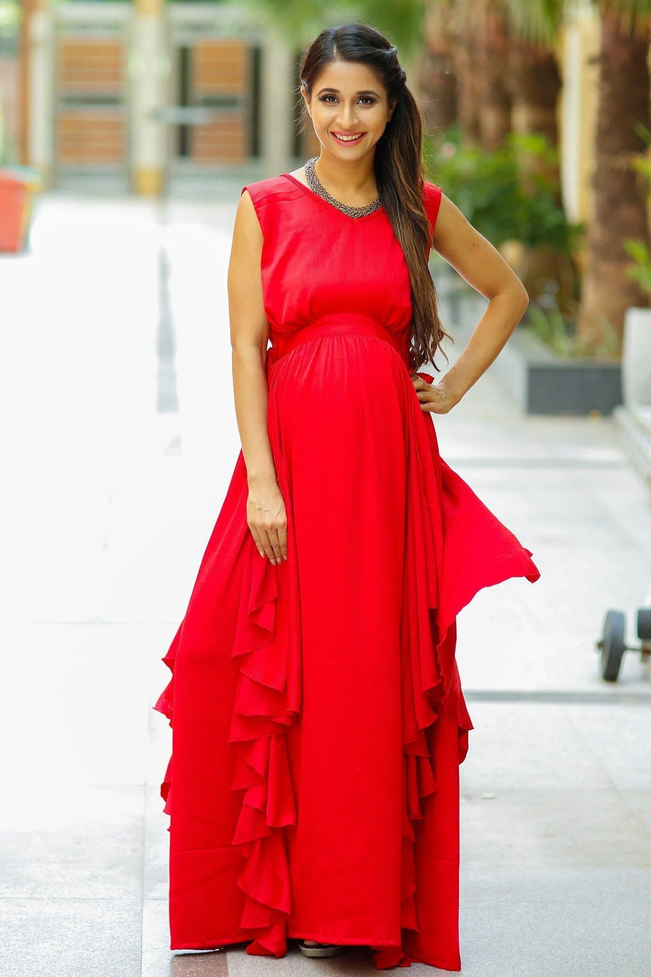 Luxe Candy Red Cascading Maternity Dress - Chenance