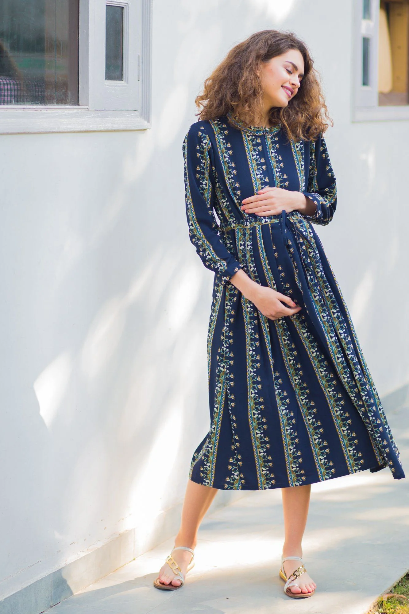 Classy Navy Floral Striped Maternity & Nursing Dress - Chenance