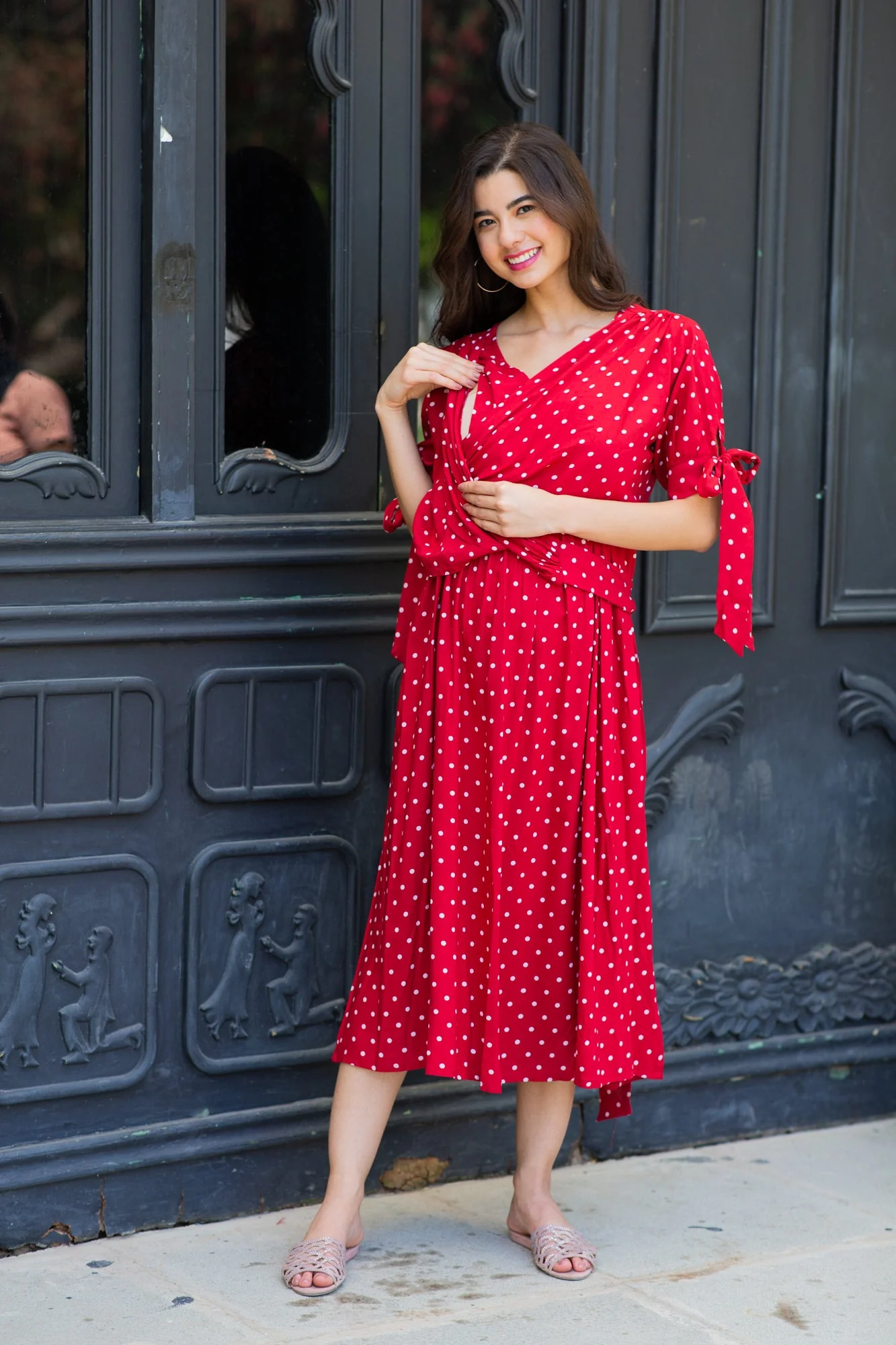 Paradise Cherry Dotted Maternity & Nursing Midi Wrap Dress - Chenance