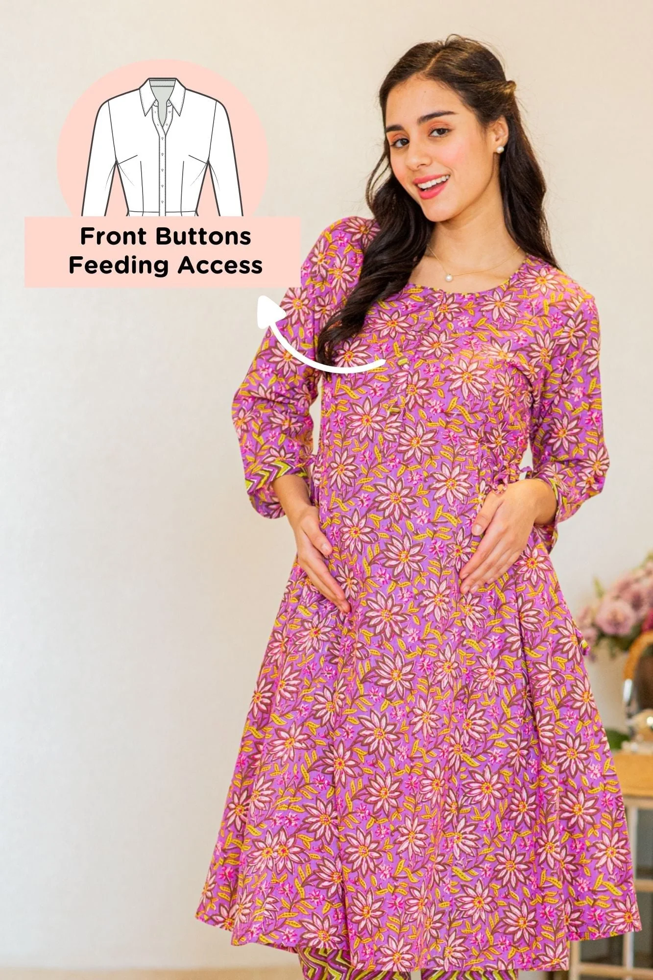 Stunning Purple Floral Maternity & Nursing Kurta Set (2pc) (100% Cotton) - Chenance