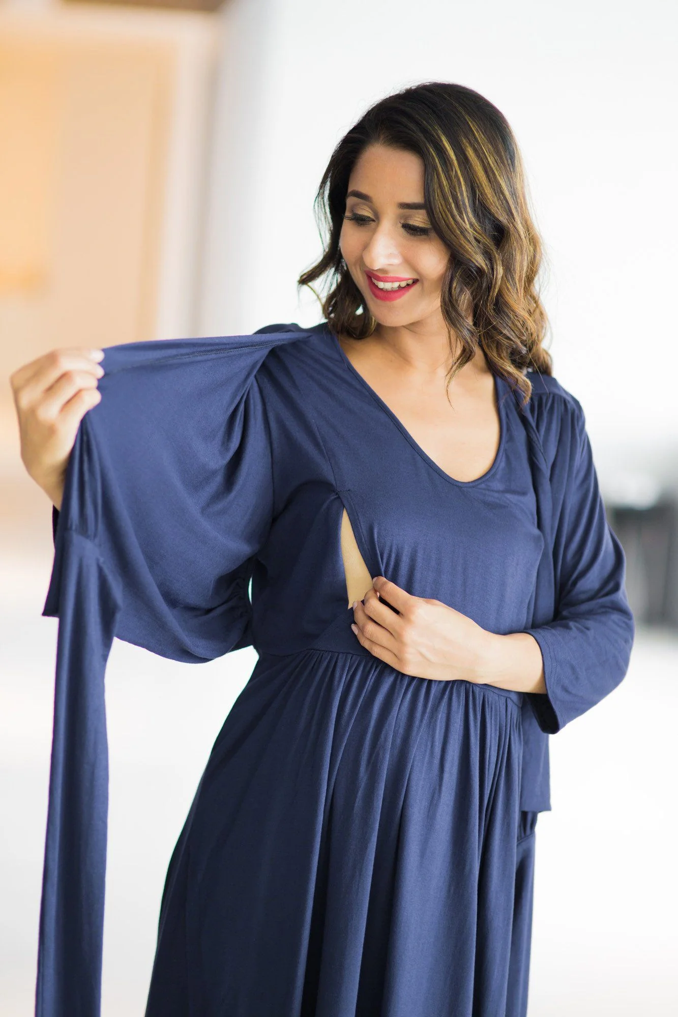 Deep Blue Mustard Wrap Tie Maternity & Nursing Dress - Chenance