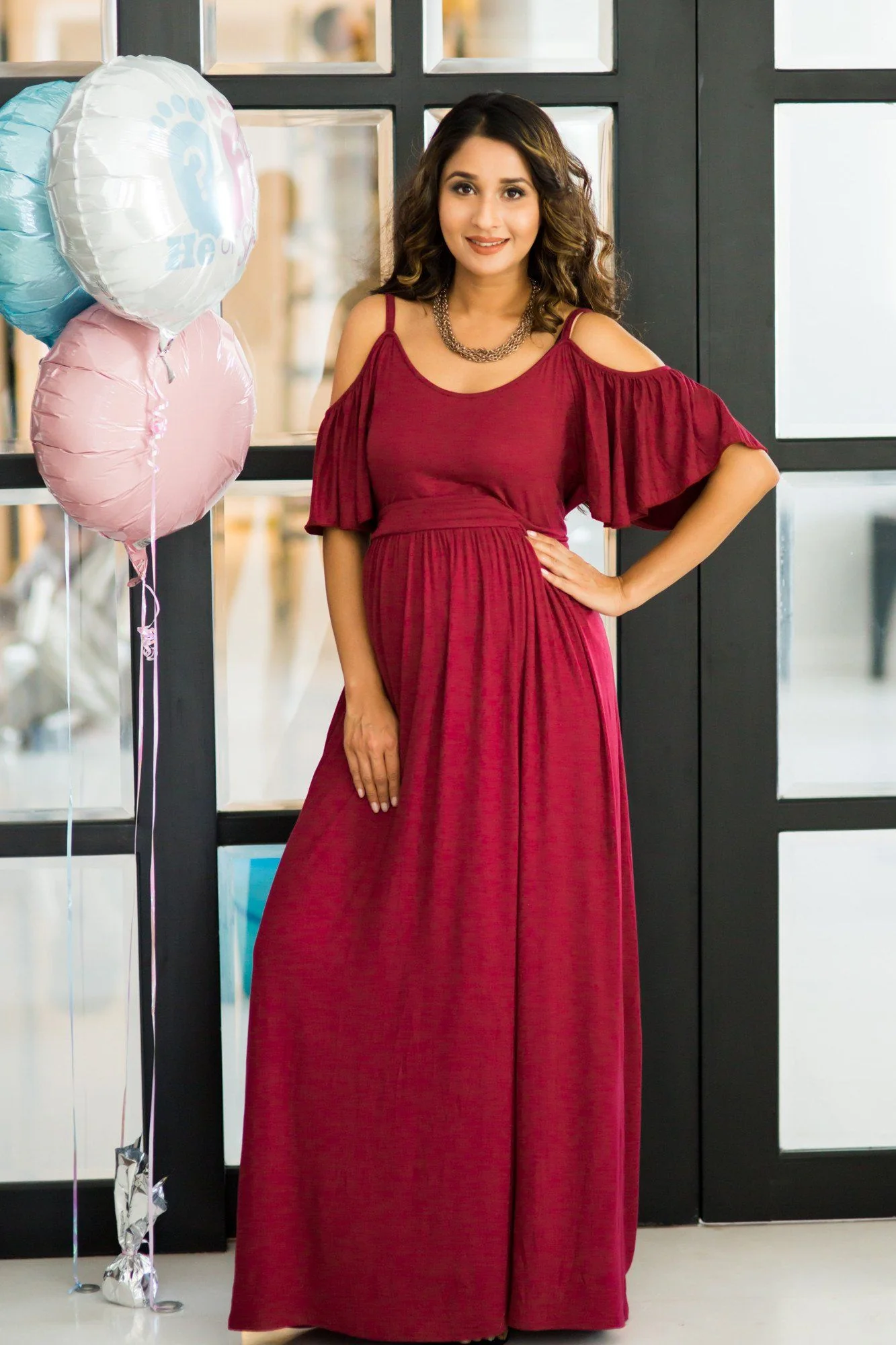 Burgandy Cold Shoulder Maternity Maxi Dress - Chenance