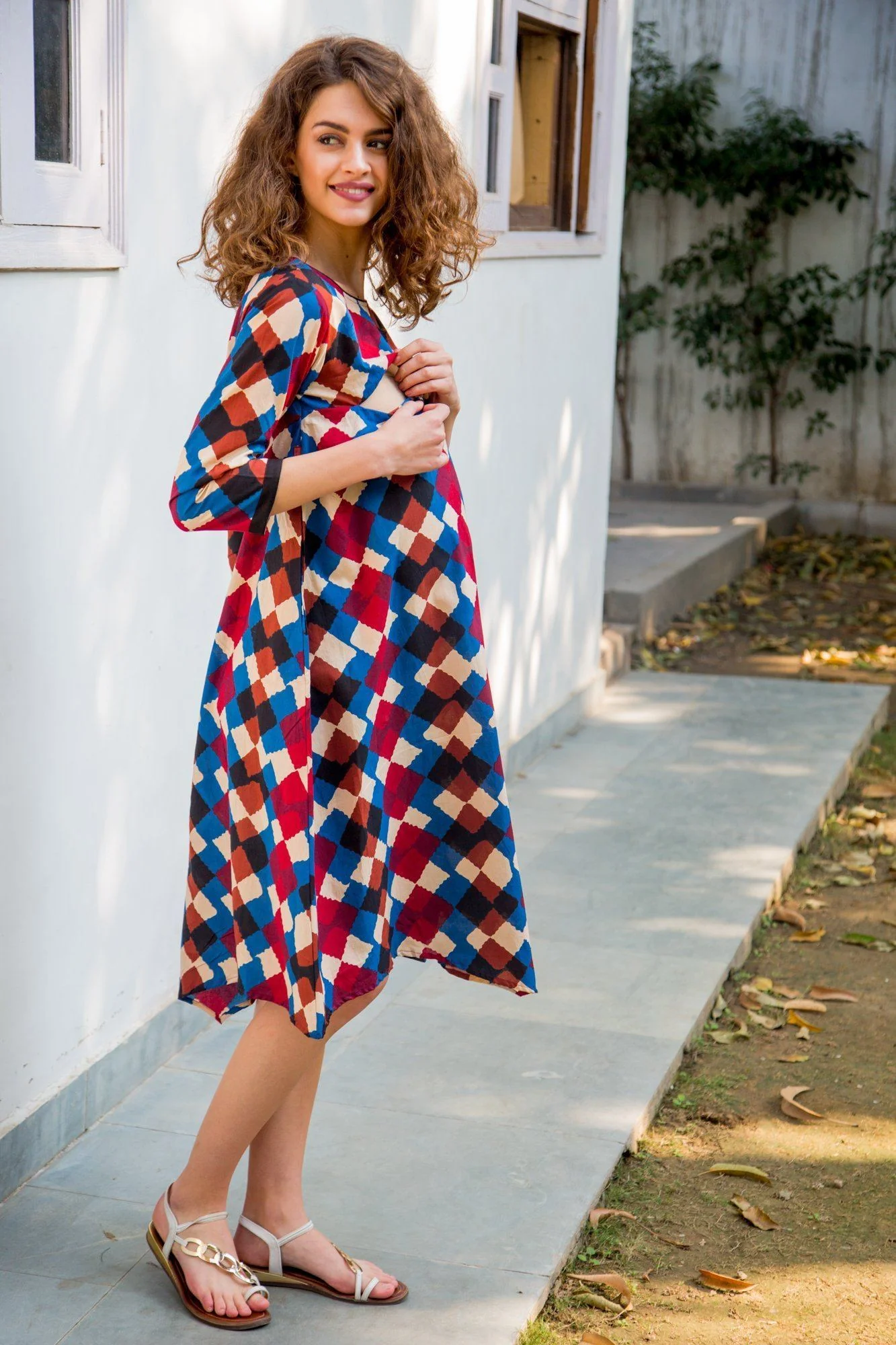 Crimson Abstract Cotton Maternity & Nursing Dress - Chenance