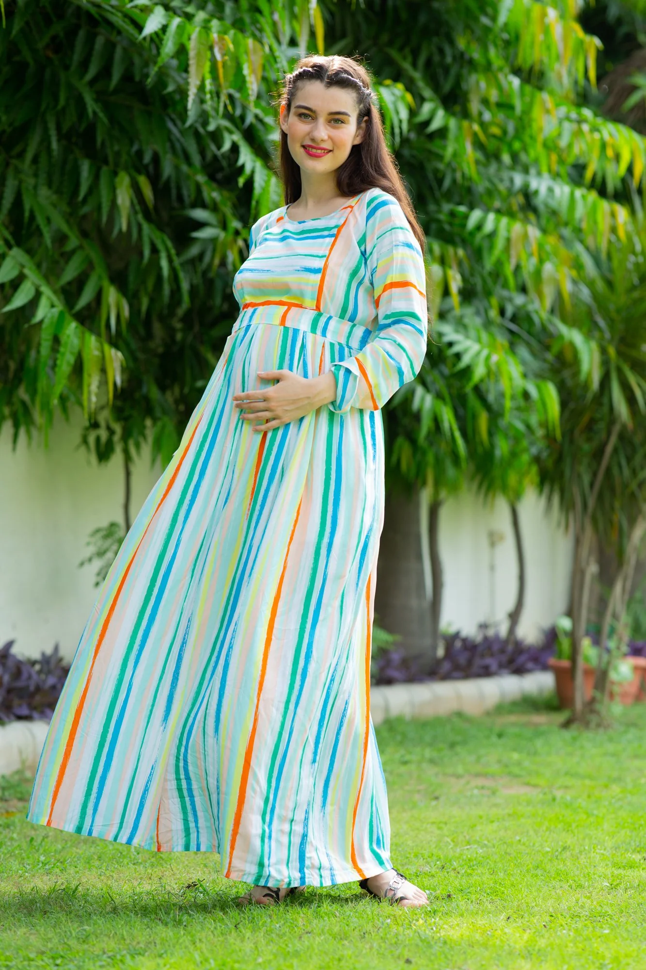 Pastel Striped Maternity & Nursing Maxi Dress - Chenance