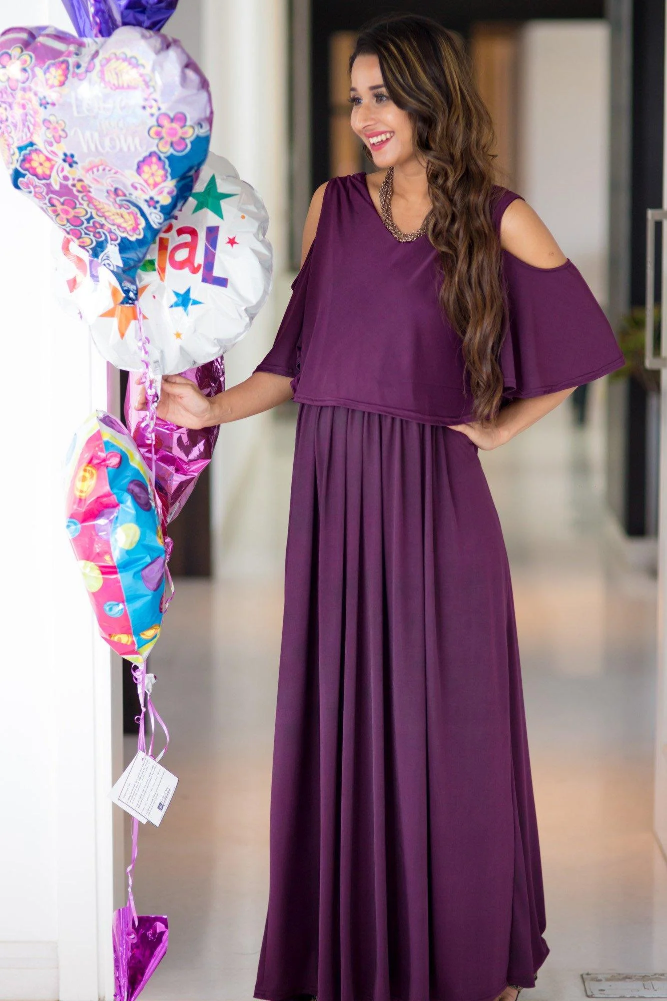 Plum Cold Shoulder Maternity & Nursing Maxi Dress - Chenance