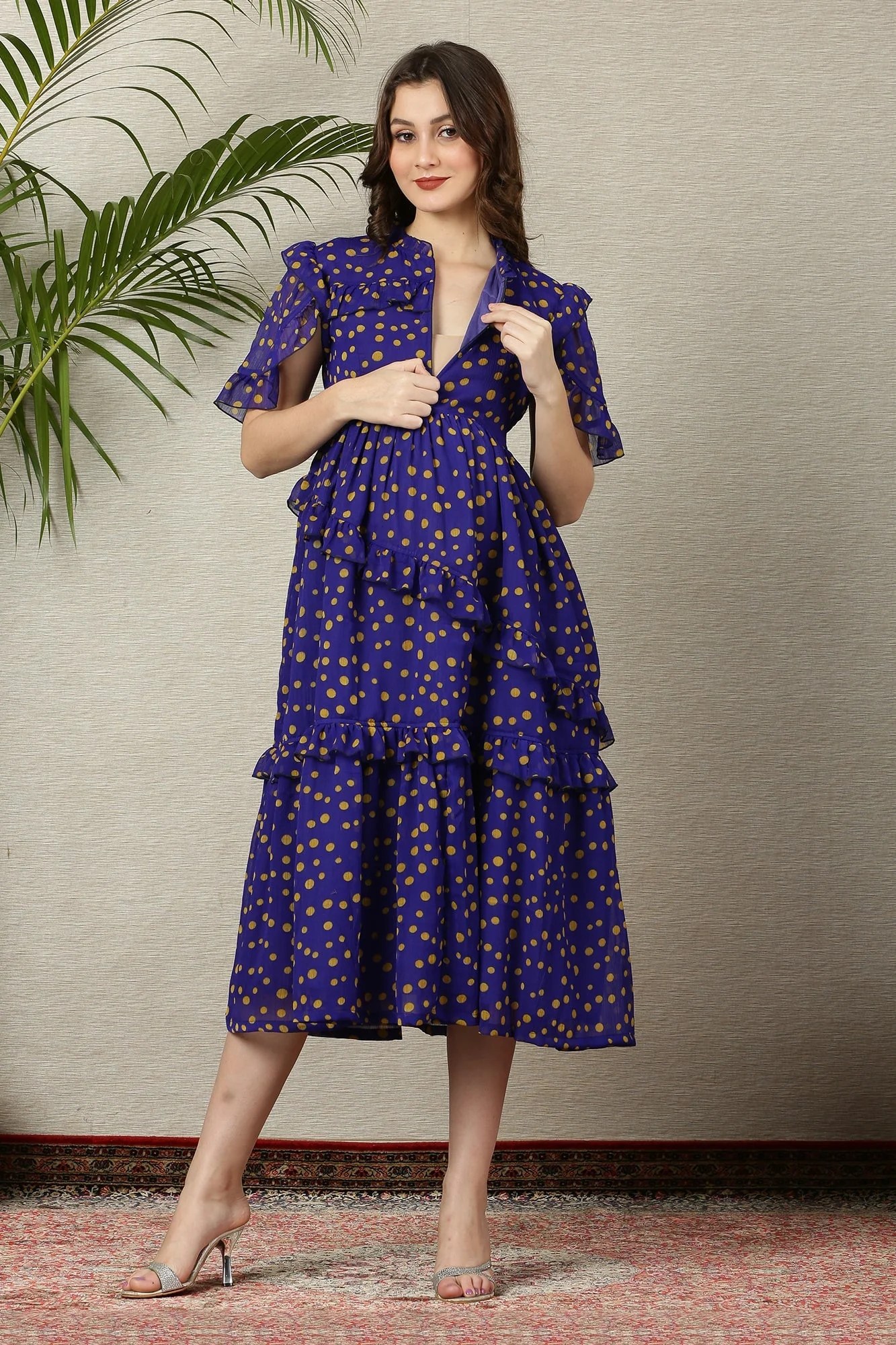Cheery Polka Navy Blue Maternity & Nursing Frill Dress - Chenance