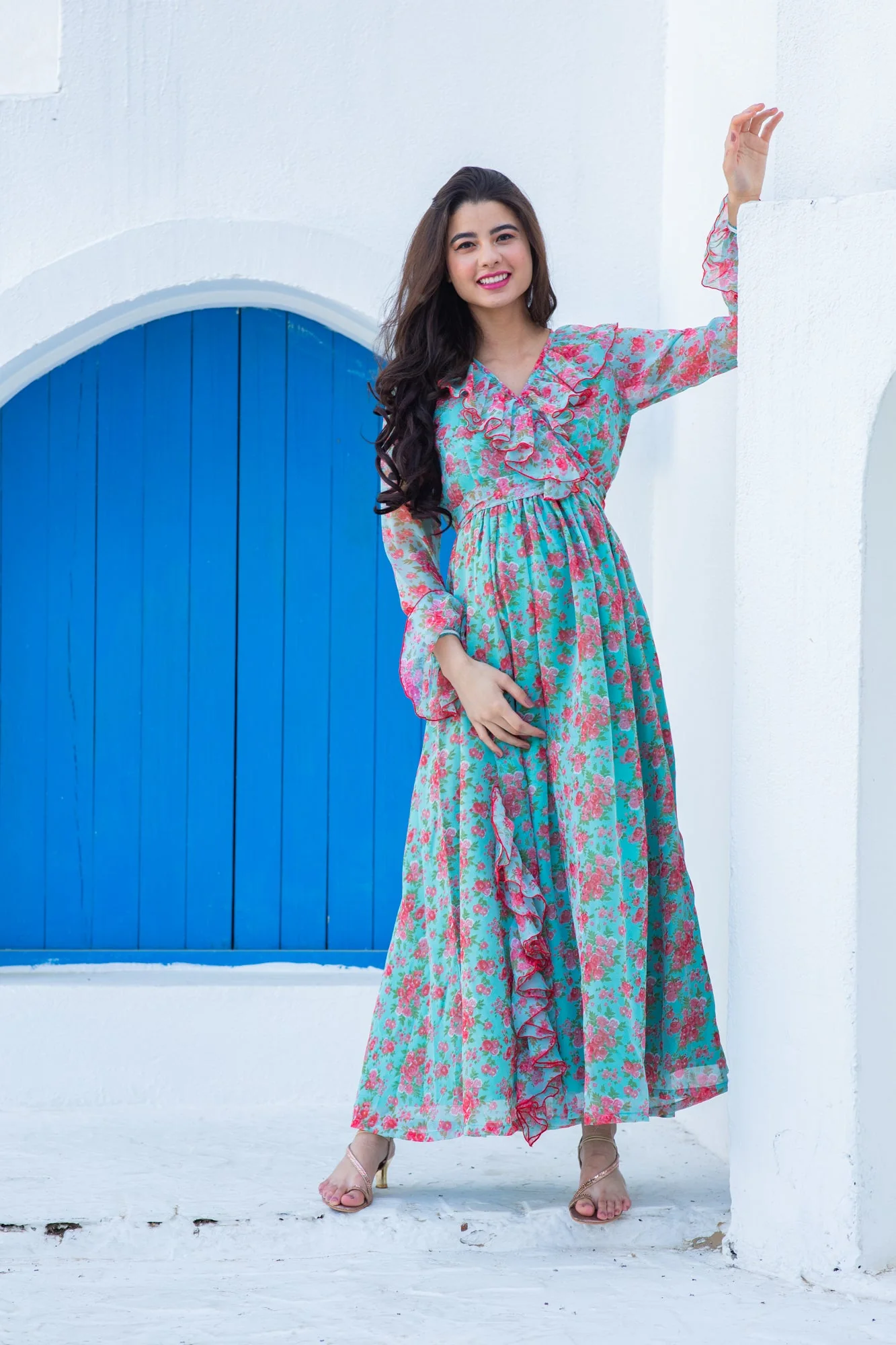 Pretty Aqua Pink Fresh Blossom Maternity Frill Dress - Chenance