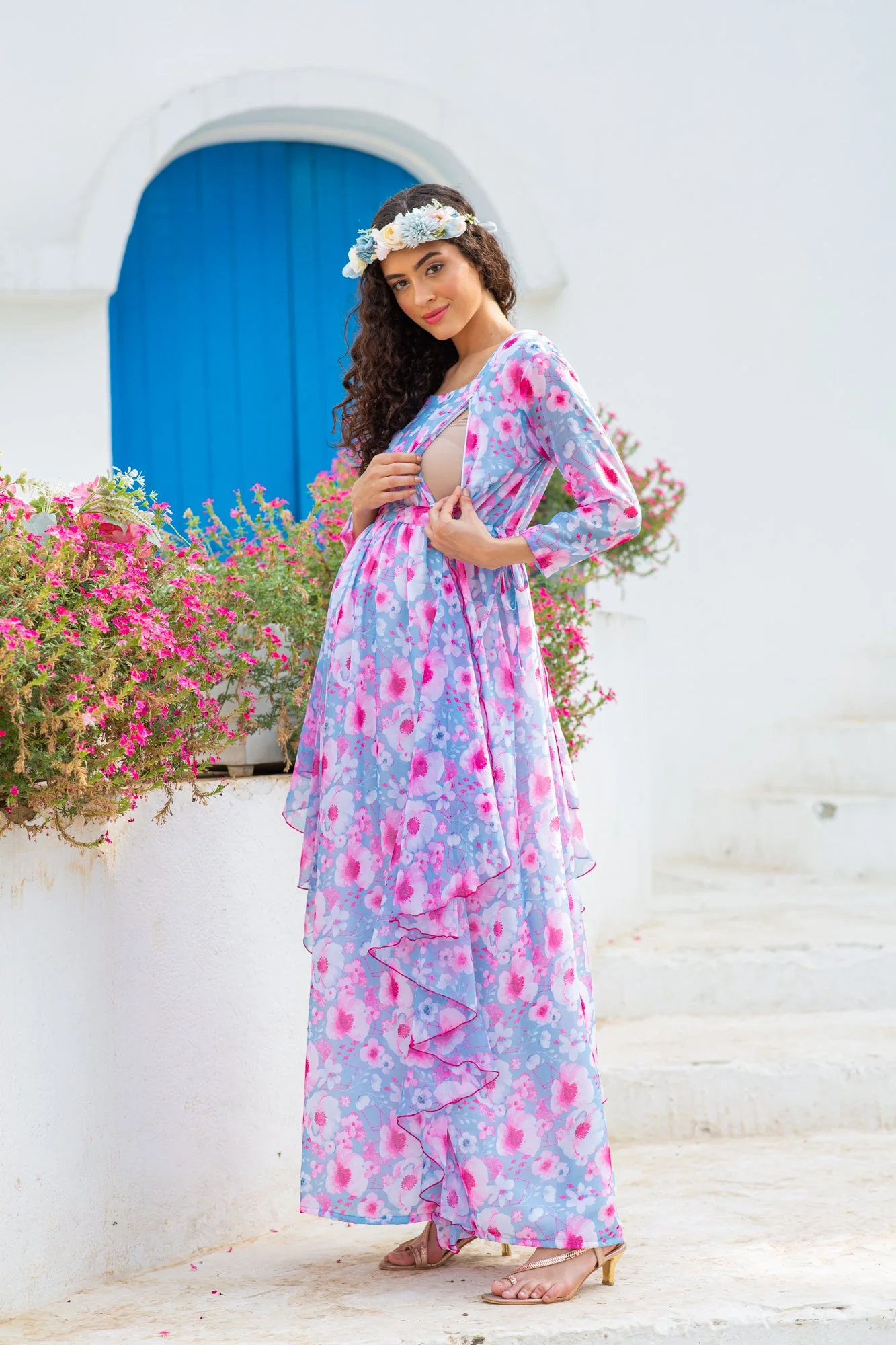 Cheery Sky Blue Flower Bomb Maternity & Nursing Flow Dress - Chenance