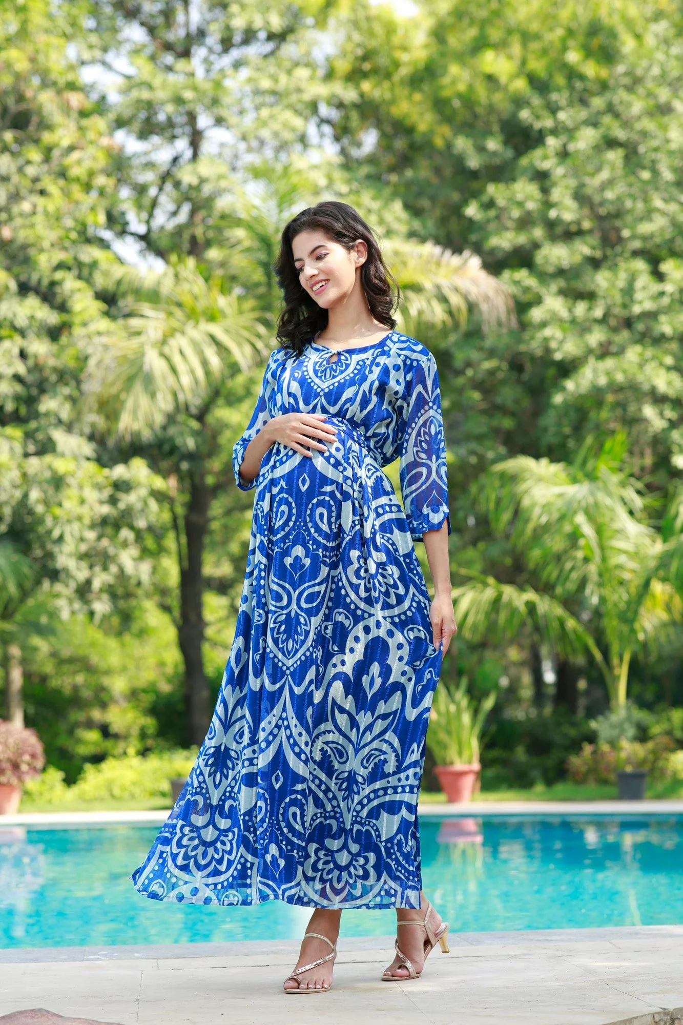 Azure Paisley Art Slit Concealed Zips Maternity & Nursing Dress - Chenance