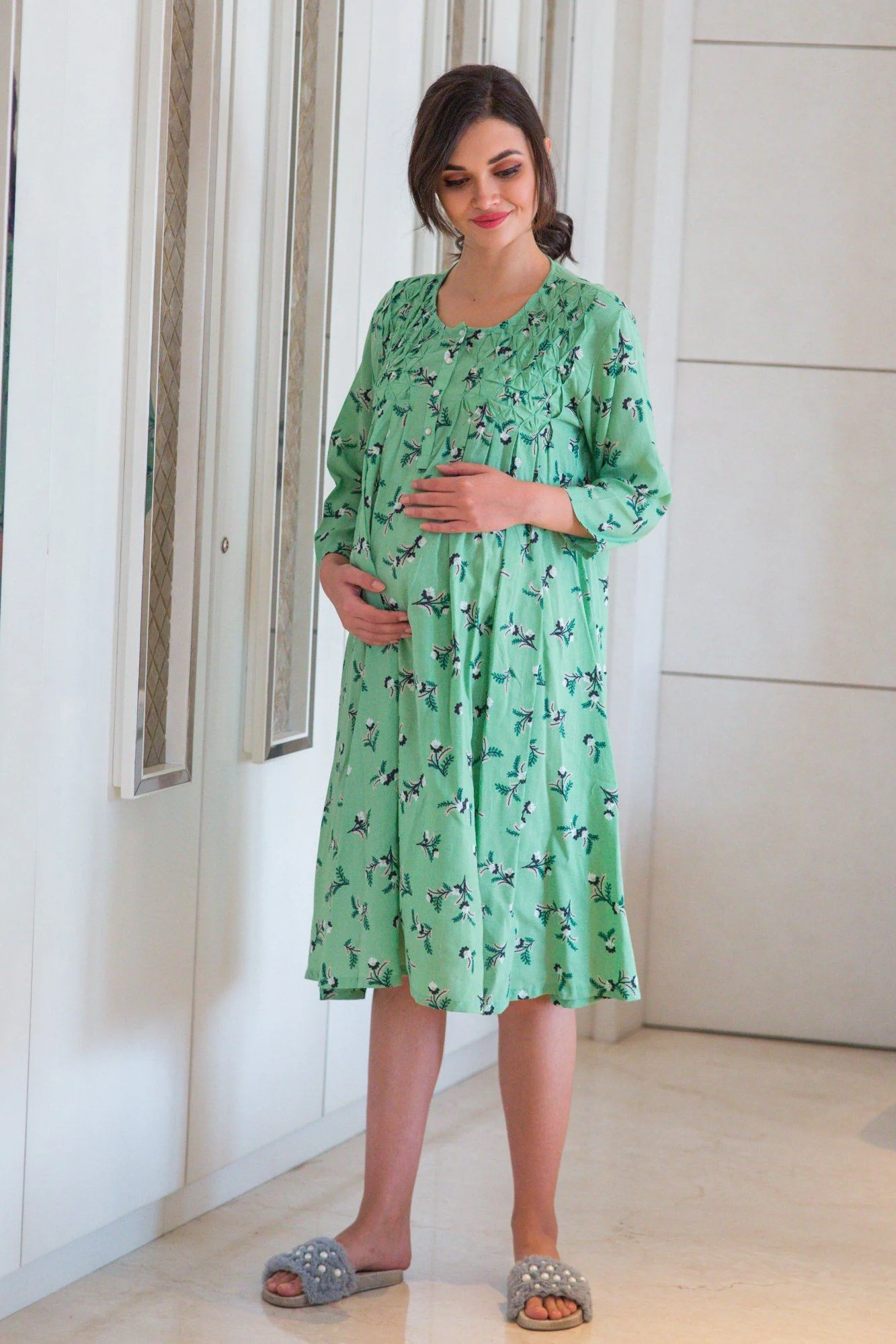Botanical Mint Maternity & Nursing Night Dress - Chenance