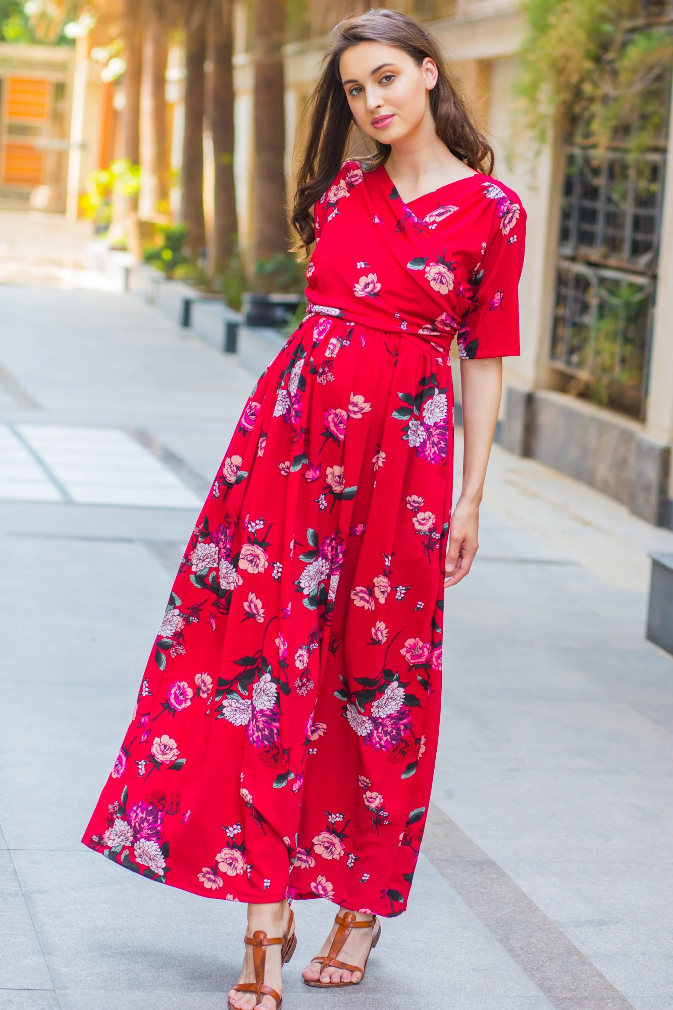 Luxe Red Floral Bubble Georgette Maternity & Nursing Wrap Dress - Chenance