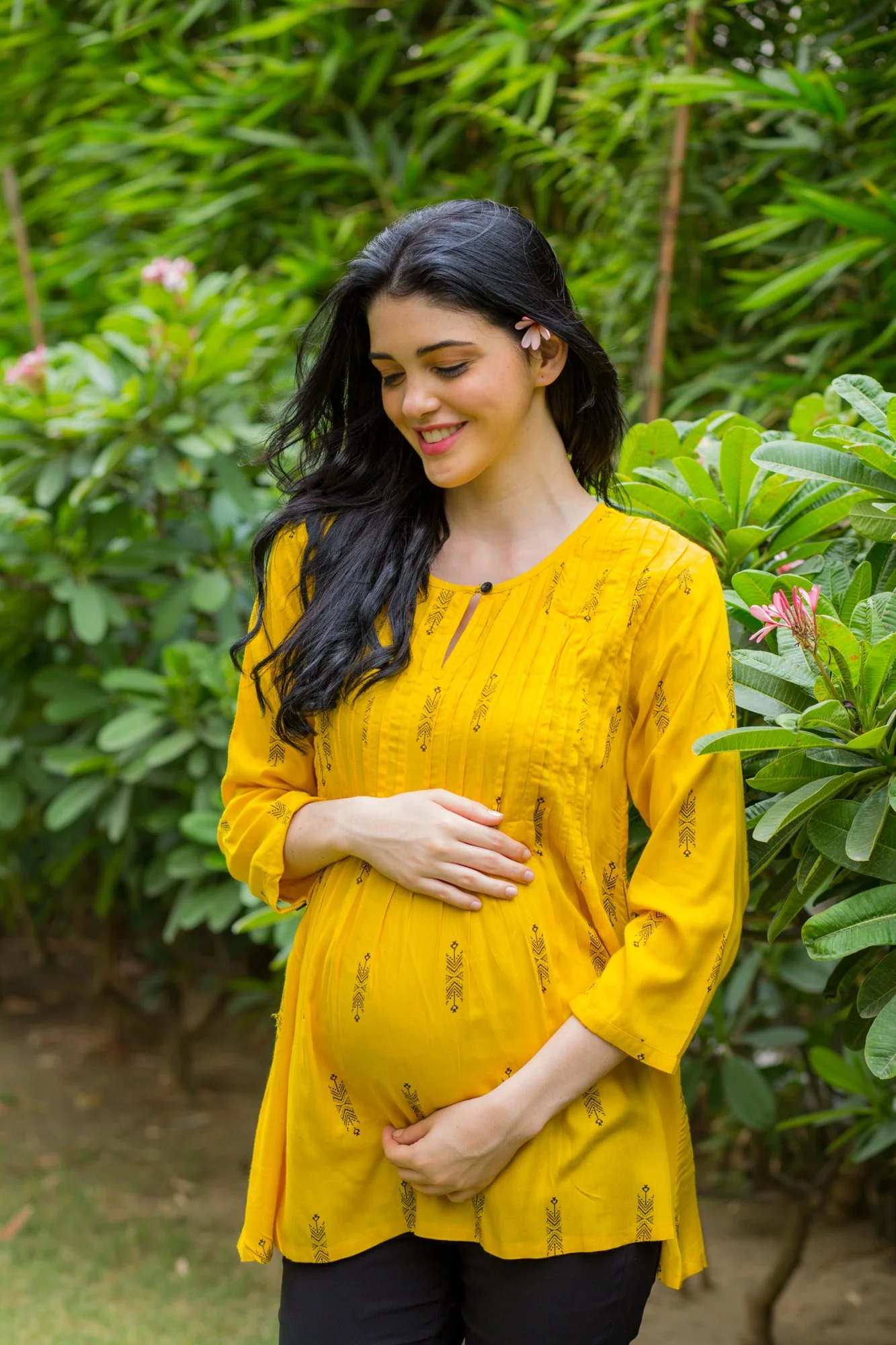 Yellow Printed Maternity & Nursing Concealed Zip Top - Chenance