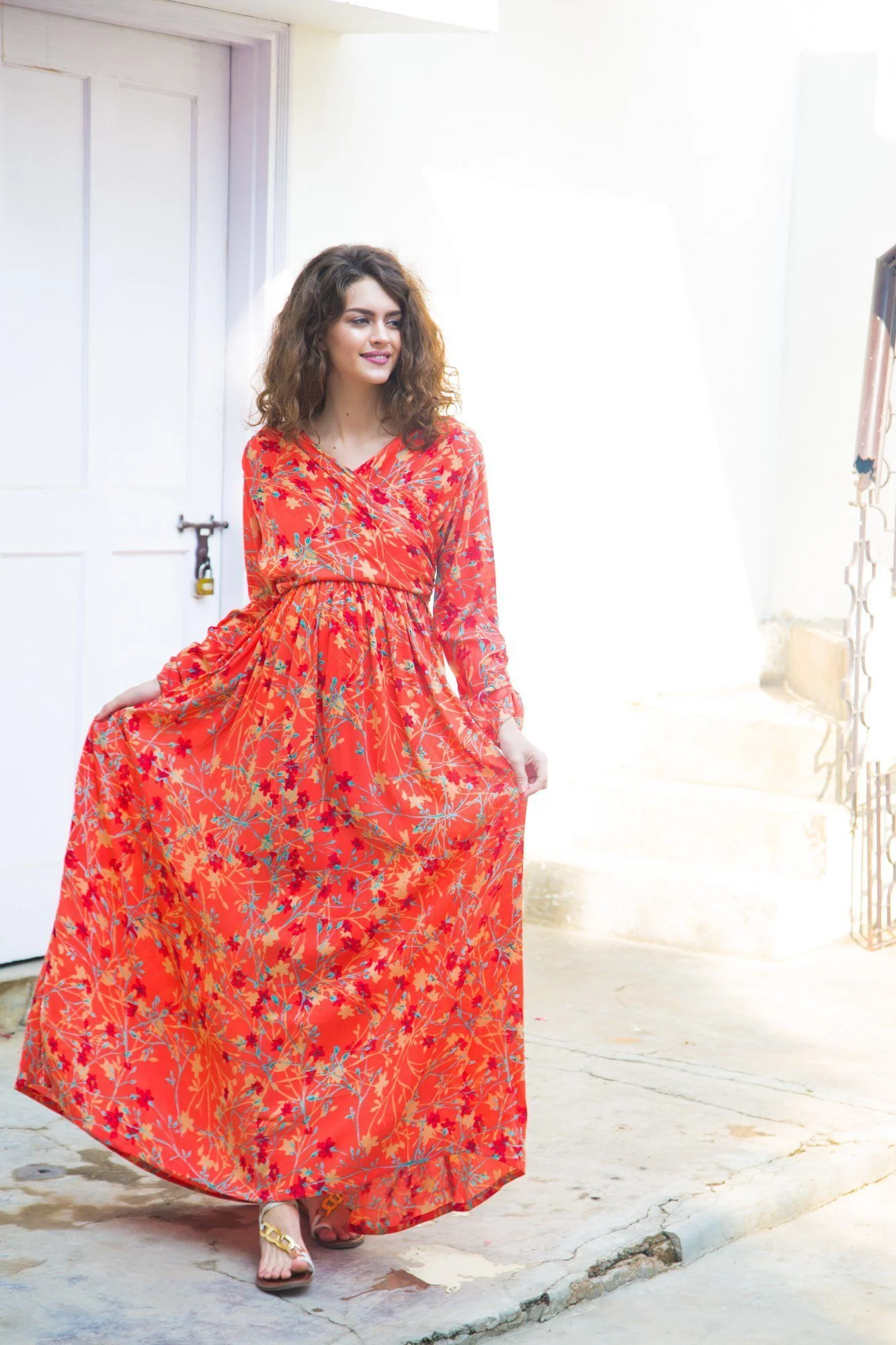 Apricot Floral Nursing Wrap Dress - Chenance