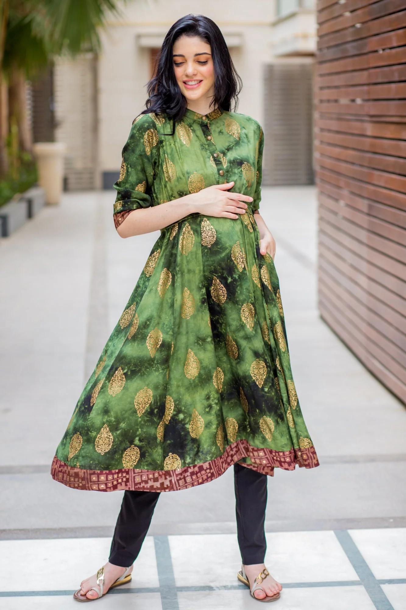 Emerald Green Gold Maternity & Nursing Kurta - Chenance