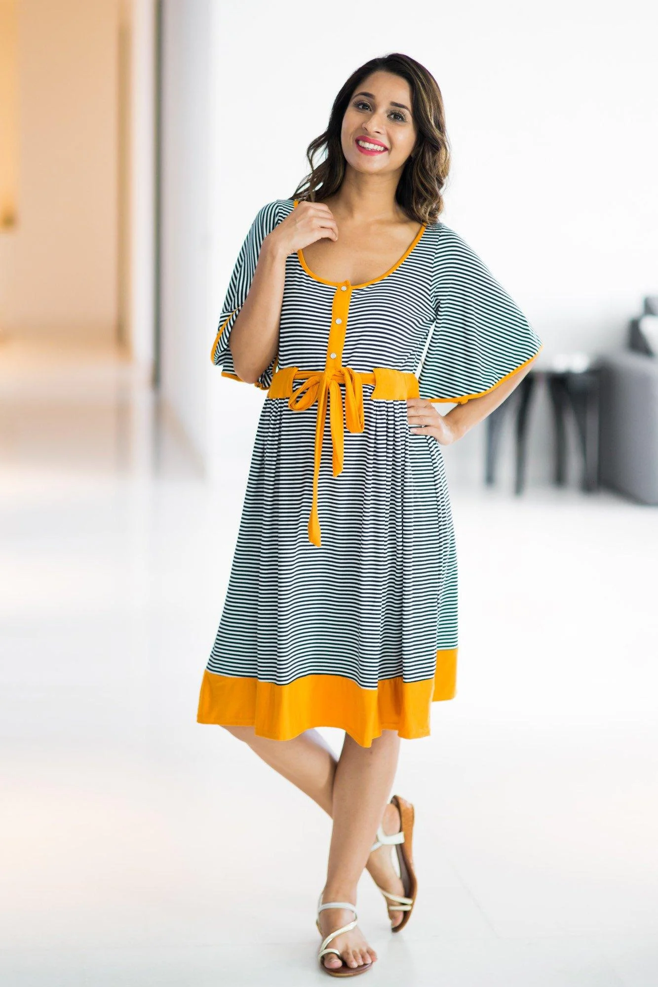 Mustard Striped Swing Maternity & Nursing Dress - Chenance