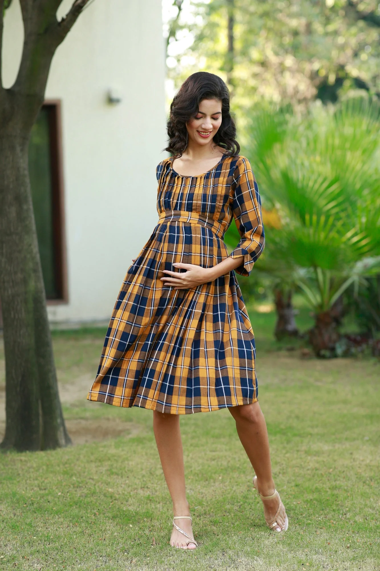 Paradise Mustard Plaid Pintucks Maternity & Nursing Dress - Chenance