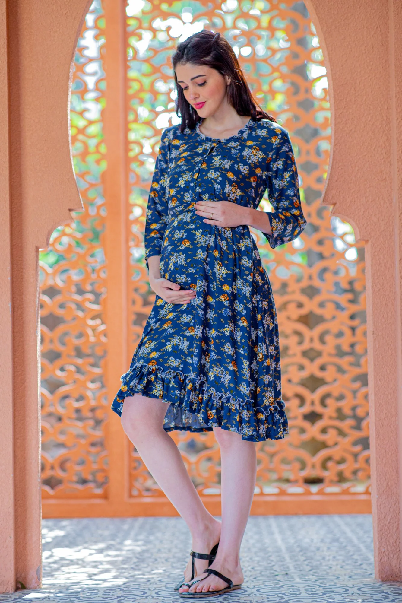 Navy Garden Maternity & Nursing Night Dress - Chenance
