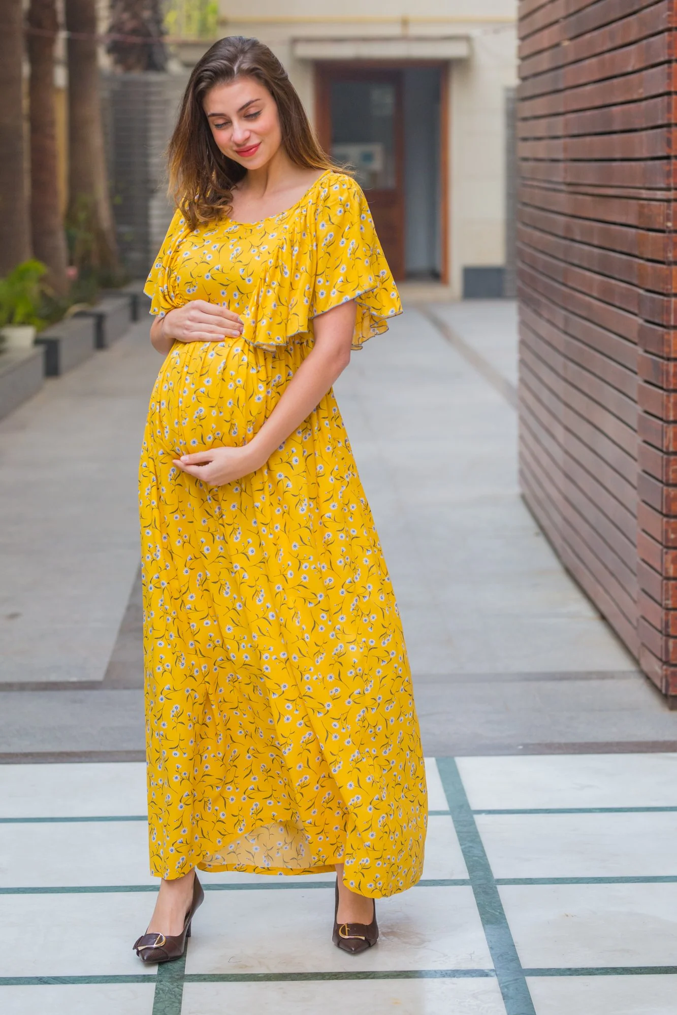 Serene Yellow Maternity & Nursing Flap Dress - Chenance