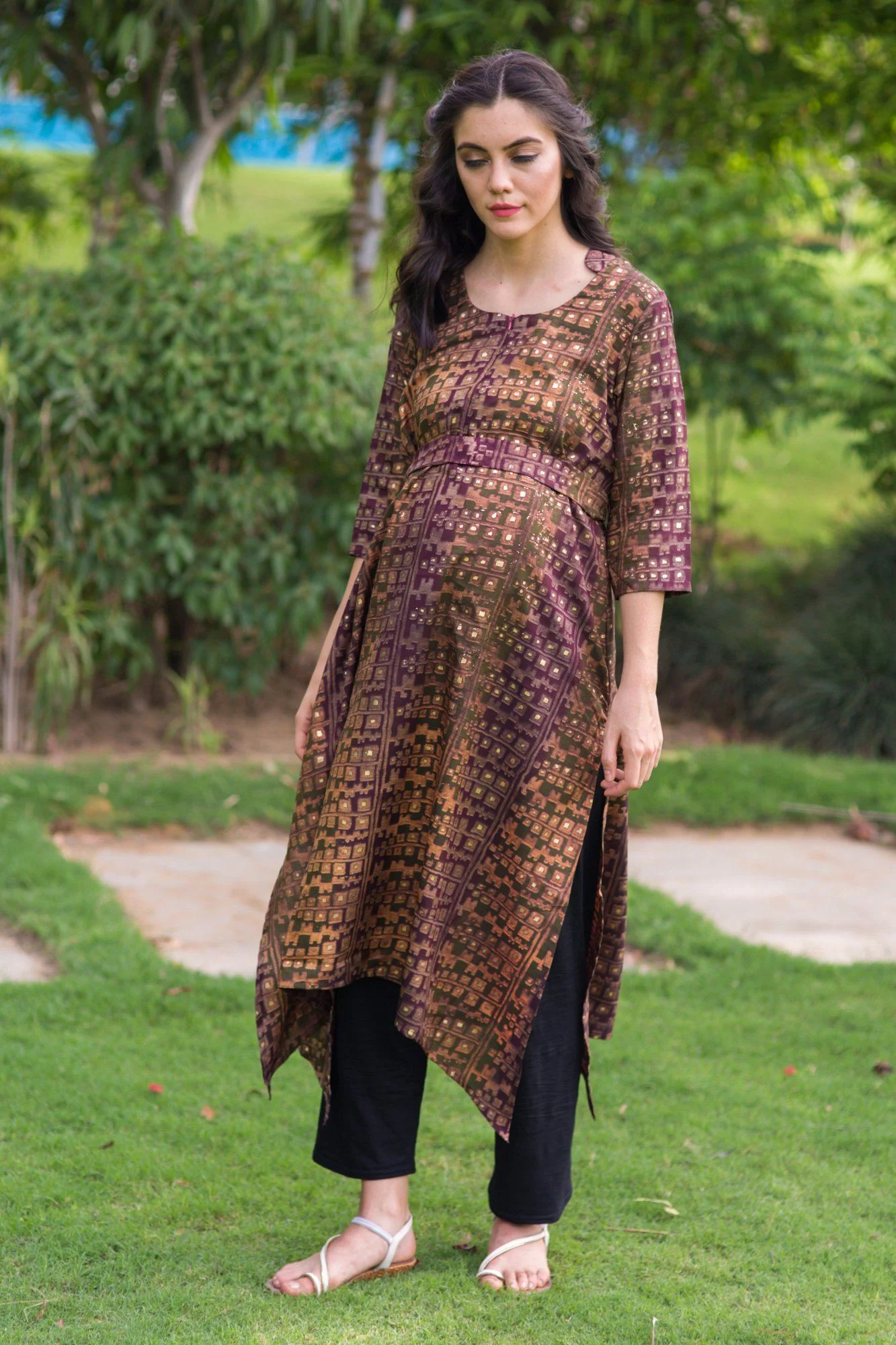 Walnut Gold Embellished Maternity & Nursing Kurta - Chenance