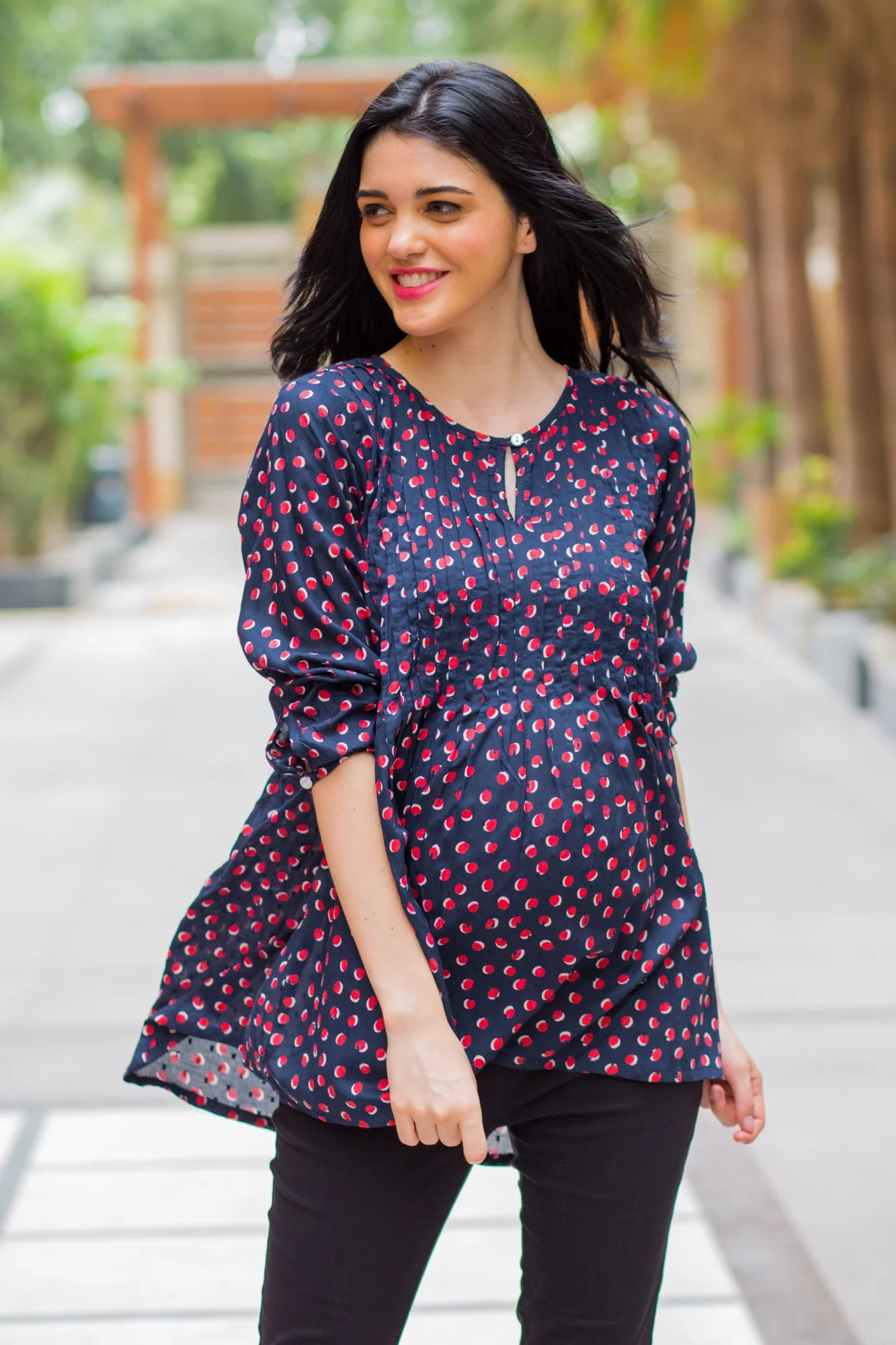 Bubbly Polka Pintucks Maternity & Nursing Concealed Zip Top - Chenance