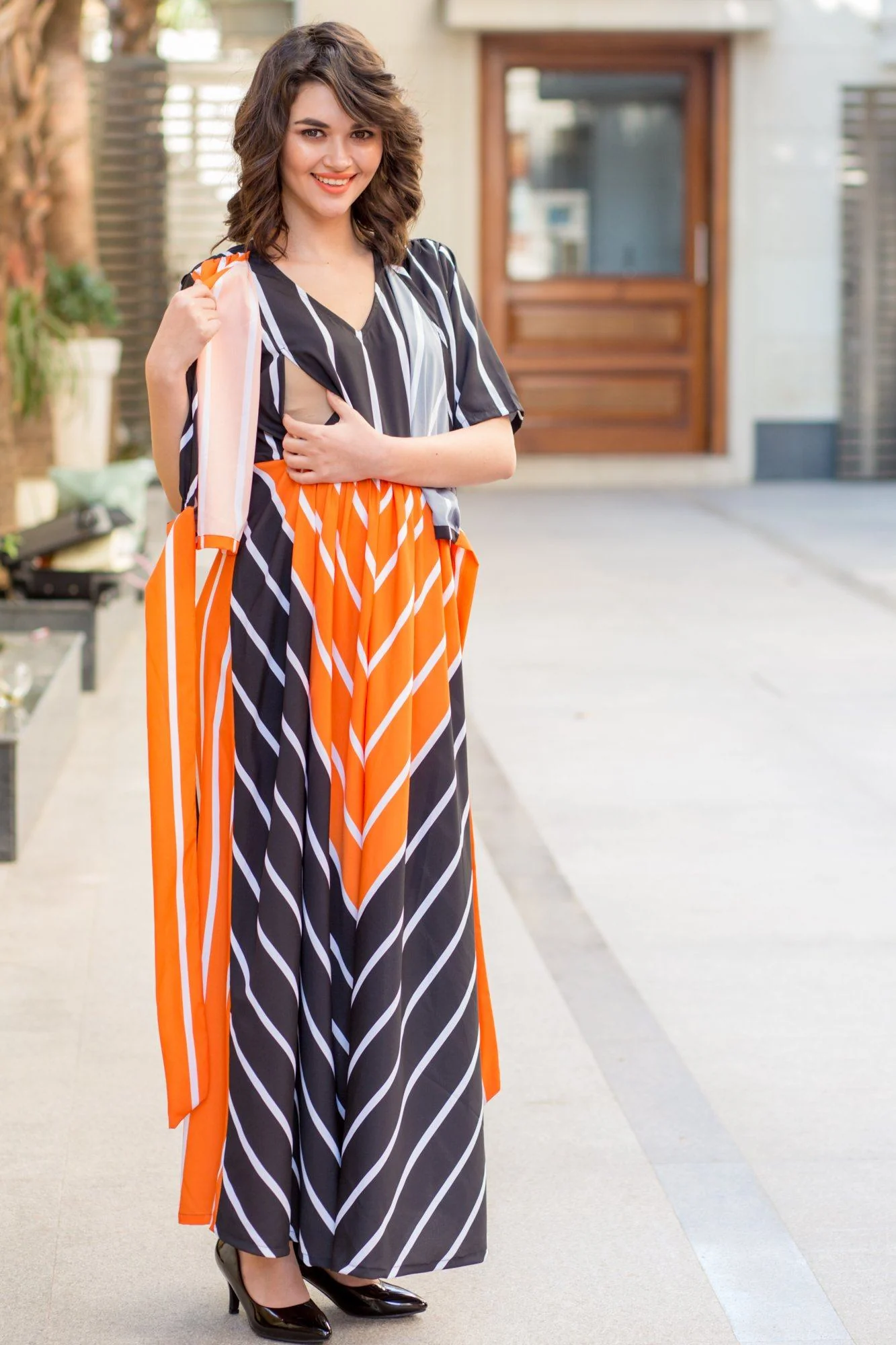 Tangerine Jade Striped Maternity & Nursing Wrap Dress - Chenance