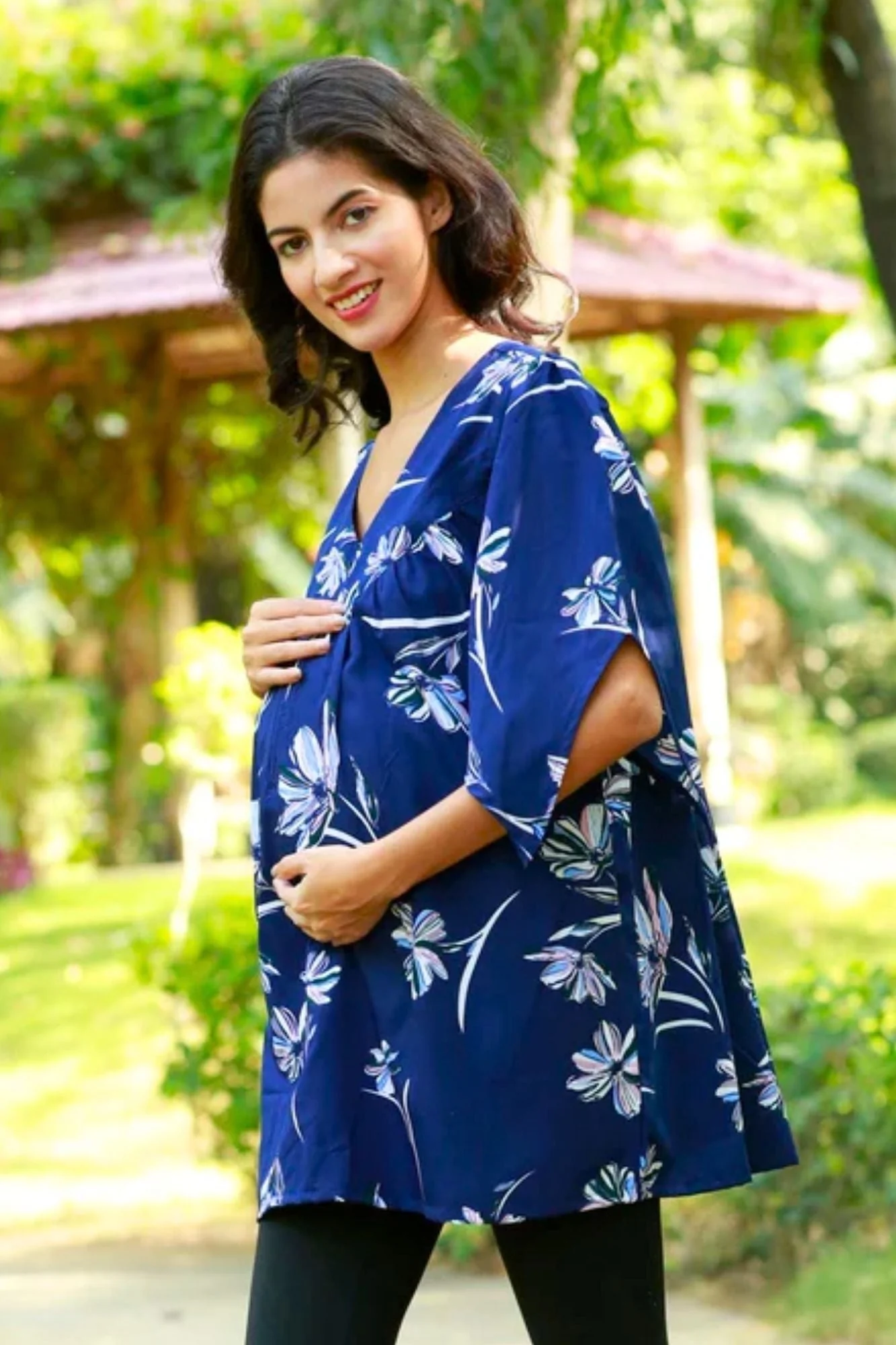 Serene Navy Blue Gathered Maternity & Nursing Top - Chenance