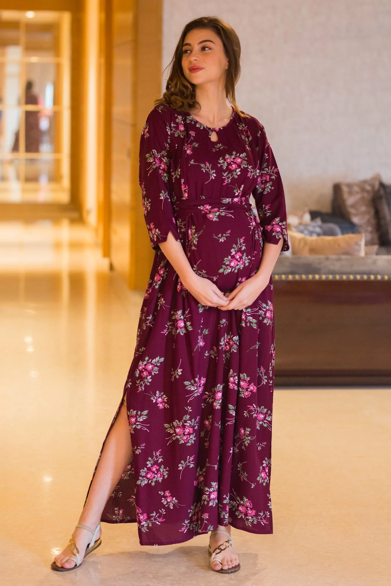 Wine Floral Side Slits Concealed Zips Feeding Dress - Chenance