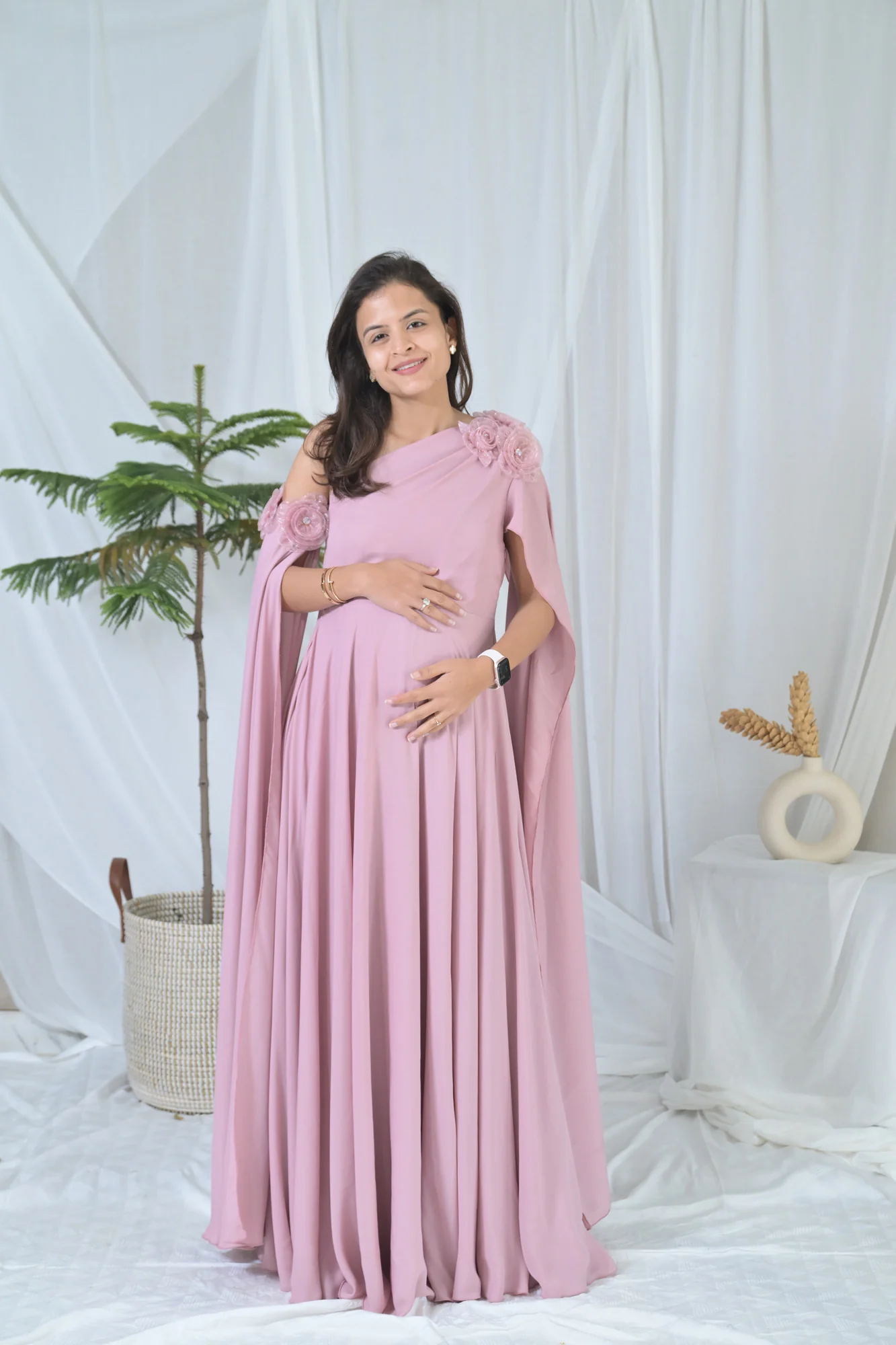 Luxe Rosewood Pink Maternity Satin Gown - Chenance