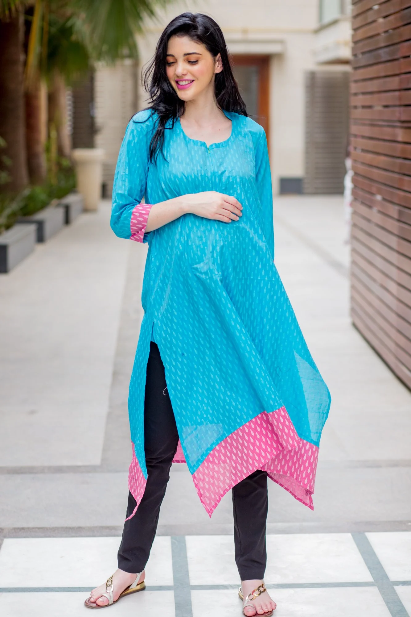 Aquamarine Cotton Front Zip Nursing Kurta - Chenance