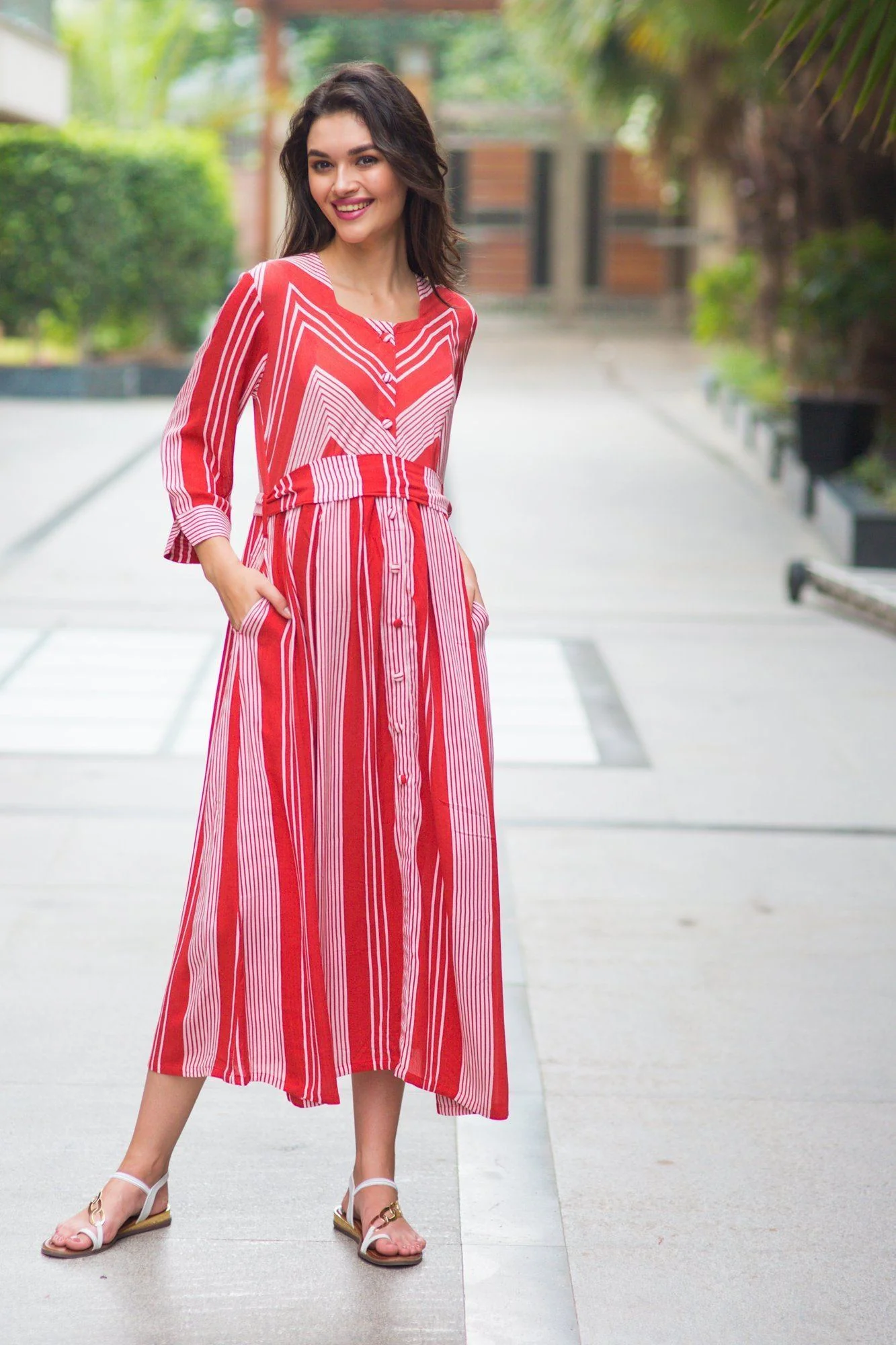 Cardinal Striped Pocket Maternity & Nursing Dress - Chenance