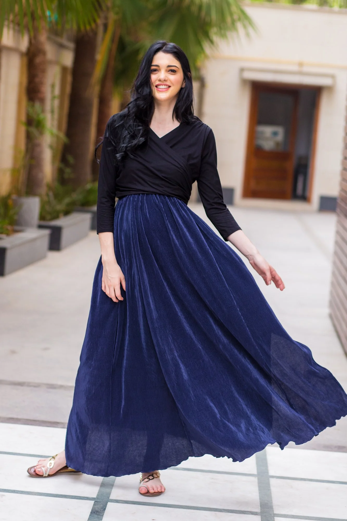 Luxe Navy Pleated & Nursing Wrap Dress - Chenance