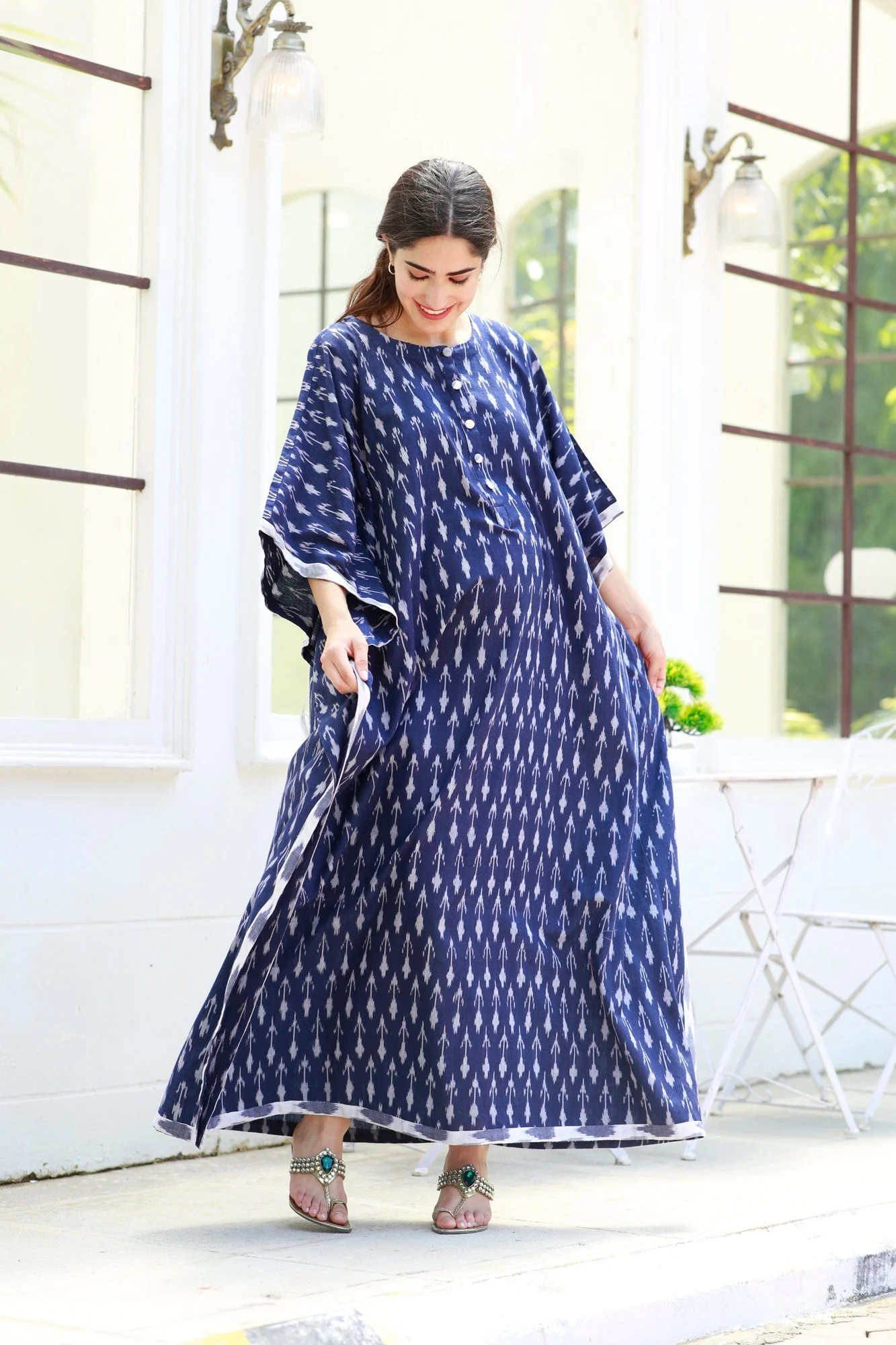 Elegant Indigo Ikat Maternity & Nursing Kaftan (100% Cotton) - Chenance