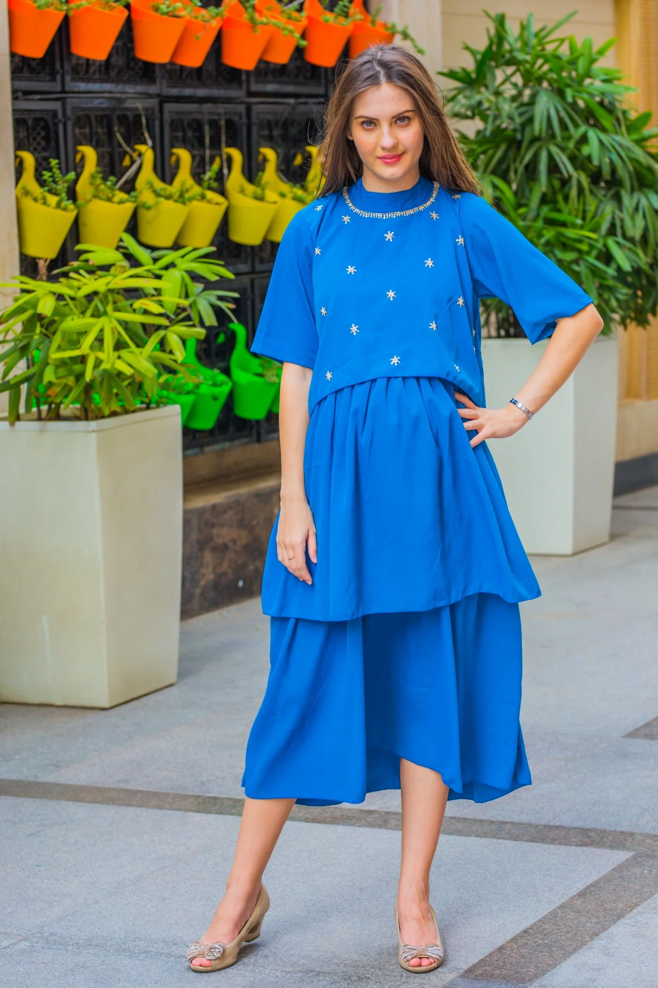 Azure Blue Embroidered Maternity & Nursing Dress - Chenance